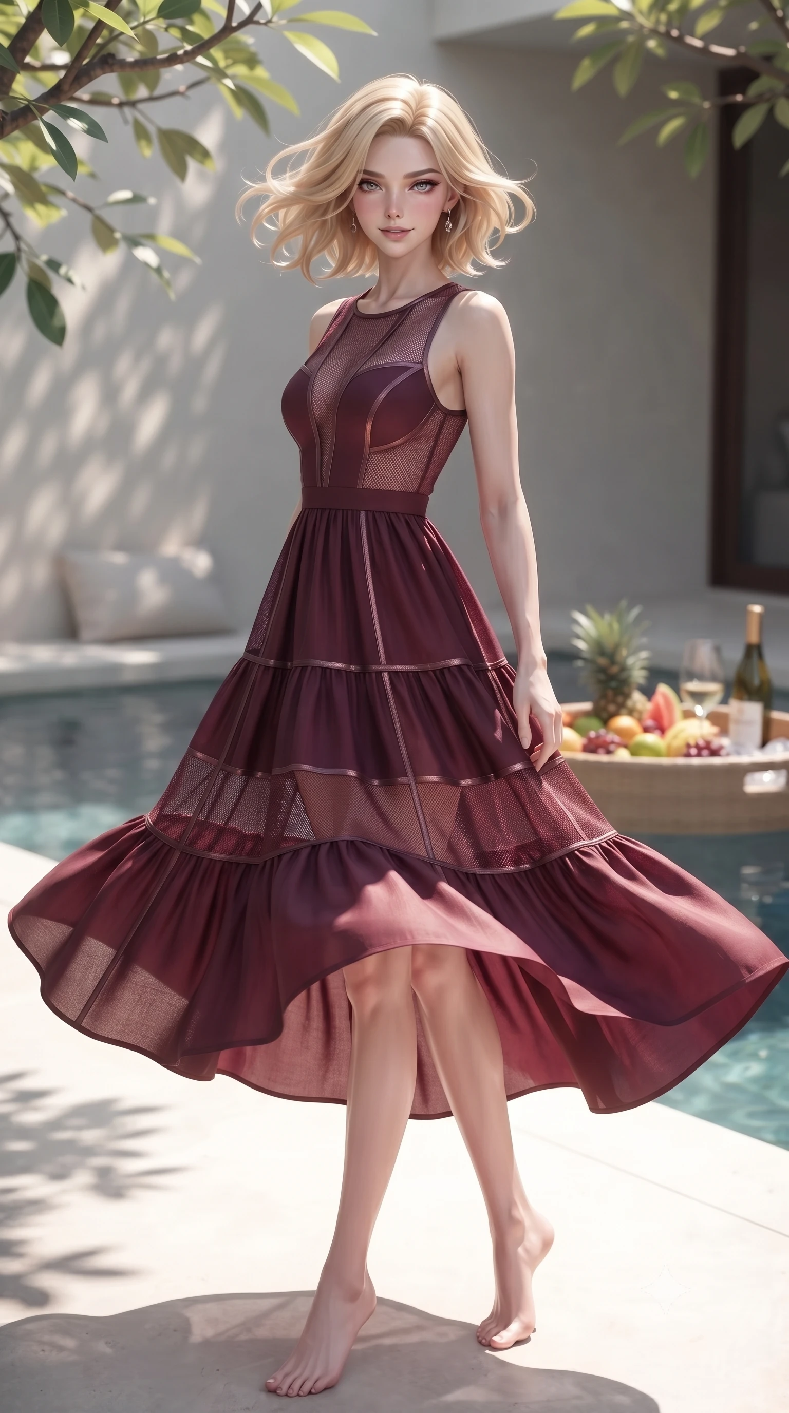score_9, masterpiece, best quality, ultra-detailed, high-budget anime keyframe, editorial fashion photography, tasteful artistic composition, Caucasian woman. low angle full-body shot from head to toe showing her feet, filling the entire 9:16 vertical frame with her statuesque presence, stretching her vertical silhouette. twirling slowly with a sensual half-smile, letting her silky robe billow gently to reveal her elegant leg line set against a soft-focus background of inside an exclusive vanity suite with a floating pool tray of tropical fruits and chilled wine in soft focus. She has an absolutely perfect, statuesque 8.5-heads proportion, an exceptionally tall and slender model-like female figure with impossibly long slender legs and an ultra-slim waist. sharp v-shaped jawline, high-bridge nose, intricate jewel-like eyes with depth, thick eyelashes, glossy lips with a natural sheen. wearing tailored deep burgundy contouring mesh flowy linen sundress with a comfortable tiered skirt silhouette featuring refined tailored seams. highlighted by dappled sunlight filtering through leafy branches, creating soft organic patterns. ultra-reflective glossy finish, specular highlights, metallic sheen, high-contrast stereoscopic depth, volumetric dynamic lighting, 2k, ultra detail, master piece, 9:16 ratio
