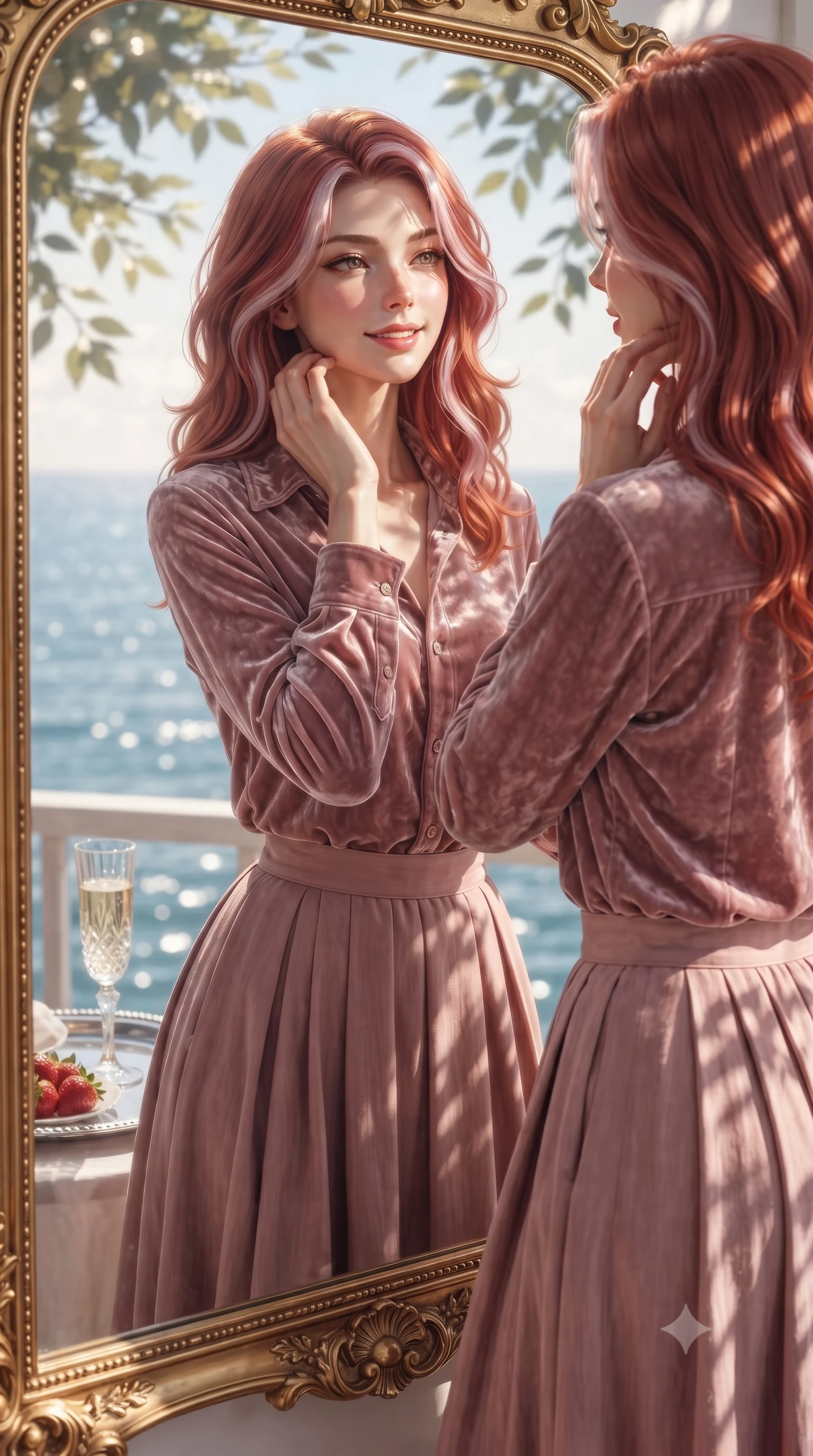 score_9, masterpiece, best quality, ultra-detailed, high-budget anime keyframe, editorial fashion photography, tasteful artistic composition, Caucasian woman. close-up cowboy shot from the waist and thighs up, the character dominates the composition, filling the frame with her large presence, background elements kept in soft focus. gazing into a gilded mirror reflection with a confident, sensual smile, tracing her neck contour set against a soft-focus background of inside an exclusive oceanfront balcony with a crystal glass of sparkling champagne and fresh strawberries on a silver tray. She has an exceptionally elegant, slender, and willowy female figure with an ultra-slim waist, a gracefully sculpted slender torso, and a refined silhouette. sharp v-shaped jawline, high-bridge nose, intricate jewel-like eyes with depth, thick eyelashes, glossy lips with a natural sheen. wearing form-contouring dusty rose crushed velvet casual linen button-down shirt paired with a flowy pleated midi skirt featuring refined tailored seams. highlighted by dappled sunlight filtering through leafy branches, creating soft organic patterns. ultra-reflective glossy finish, specular highlights, metallic sheen, high-contrast stereoscopic depth, volumetric dynamic lighting, 2k, ultra detail, master piece, 9:16 ratio