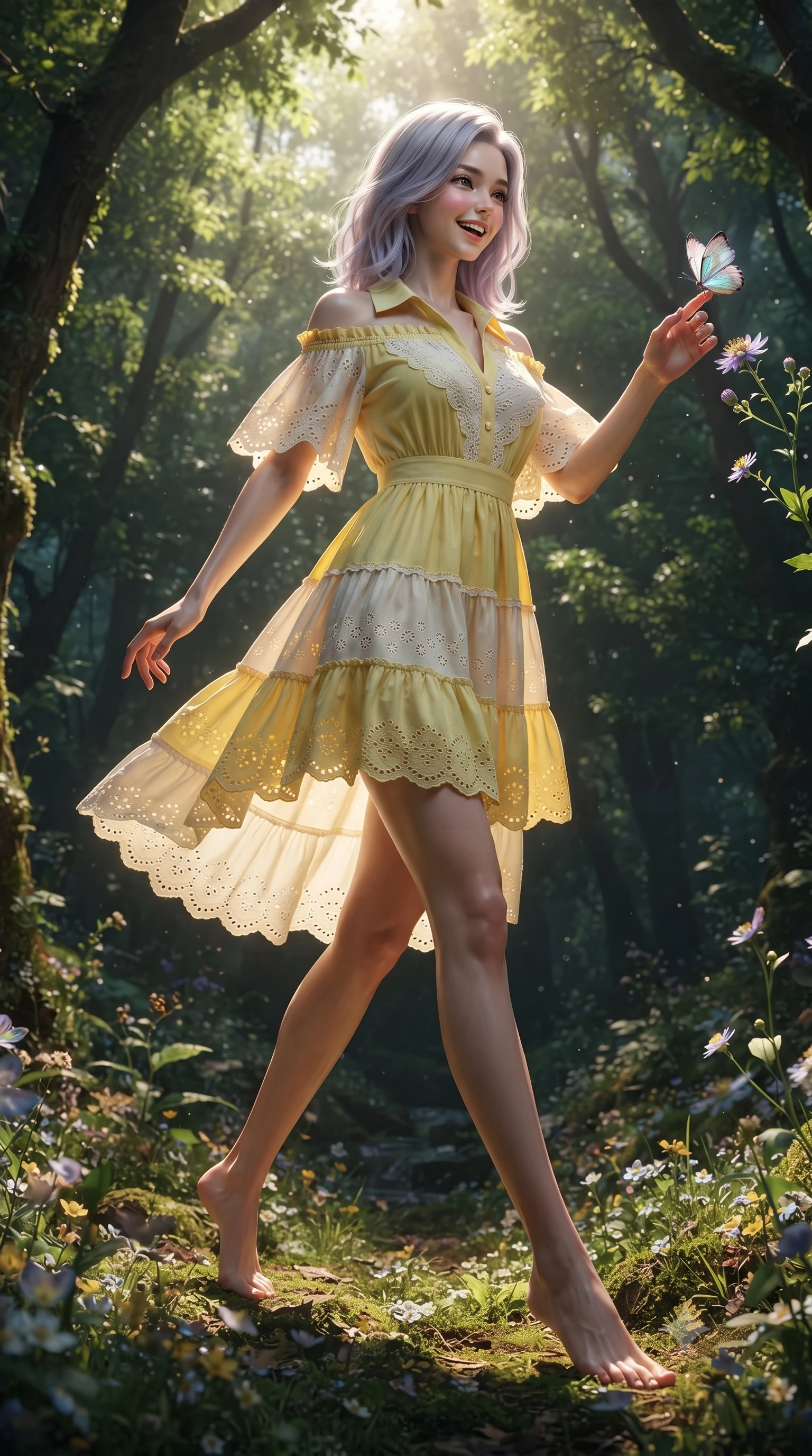 score_9, masterpiece, best quality, ultra-detailed, high-budget anime keyframe, editorial fashion photography, tasteful artistic composition, Caucasian woman. low angle full-body shot from head to toe showing her feet, filling the entire 9:16 vertical frame with her statuesque presence, stretching her vertical silhouette. stepping forward gracefully in mid-motion with a delighted cute laugh, displaying her tall slender model proportions while reaching out playfully to touch a delicate iridescent forest butterfly resting on a wildflower blossom. The surrounding environment is rendered in vivid detail and crisp panoramic clarity. deep woodland chiaroscuro and magical natural water sanctuary aesthetics rendered with precision. She has an absolutely perfect, statuesque 8.5-heads proportion, an exceptionally tall and slender model-like female figure with impossibly long slender legs, a toned flat midriff, and an ultra-slim waist. sharp v-shaped jawline, high-bridge nose, intricate jewel-like eyes with depth, thick eyelashes, glossy lips with a natural sheen, pure and lovely fresh girlhood expression, flawlessly proportioned anatomical accuracy, strict slender model proportions, natural body alignment, perfectly sculpted long slender limbs, ultra-slim waistline, clean dynamic posture without body distortion. wearing a graceful off-shoulder cotton sundress with a ruffled neckline and tiered A-line skirt in fresh buttercup yellow and clean cream white, woven with delicate eyelet lace and breathable cotton voile, featuring elegant flutter sleeves and a graceful open collar, the chic real-way fashion cut emphasizing her effortless charm, flat midriff, and slender model proportions. surrounded by an enchanting, whimsical, and pure fairy-tale glen maiden aura. ultra-reflective glossy finish, specular highlights, rich natural textures, high-contrast stereoscopic depth, volumetric dynamic lighting, 2k, ultra detail, master piece, 9:16 ratio
