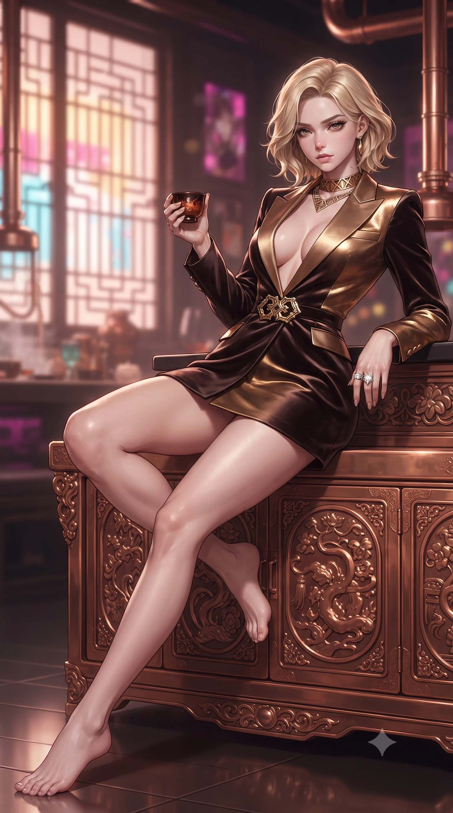 score_9, masterpiece, best quality, ultra-detailed, high-budget anime keyframe, editorial fashion photography, tasteful artistic composition, Caucasian woman. low angle full-body shot from head to toe showing her feet, filling the entire 9:16 vertical frame with her statuesque presence, stretching her vertical silhouette. reclining on her side in an elegant Cleopatra pose with one knee drawn up, the dramatic contour of her rounded hips and long slender legs commanding the 9:16 vertical frame while leaning back against a carved copper tea bar with hips cocked, casting a sultry, dangerous bedroom-gaze while holding a lacquered sake cup. The composition keeps background elements in soft focus with creamy bokeh. intricate glowing neon shoji screens and polished copper steam pipes blurred into hot magenta, cyber-gold, and plum bokeh. She has an exceptionally tall and slender model-like 8.5-heads proportion, an ultra-slim waist, a flat toned midriff, narrow delicate ribcage, and beautifully sculpted feminine hips creating a graceful, slim hourglass silhouette without any bulky heaviness, with impossibly long slender legs. sharp v-shaped jawline, high-bridge nose, intricate jewel-like eyes with depth, thick eyelashes, glossy parted lips with a natural sheen, intensely captivating and seductive bedroom-eyes expression, flawlessly proportioned anatomical accuracy, strict slender model proportions, natural body alignment, perfectly sculpted long slender limbs, ultra-slim waistline, clean dynamic posture without body distortion. wearing a tailored velvet tuxedo jacket dress with satin lapels, worn with a deep plunge neckline and gold hip buckle in dark espresso brown and molten gold foil, tailored from ultra-smooth duchess satin with a pearlescent sheen, complemented by a bold geometric choker and sparkling cocktail ring, the second-skin form-contouring cut accentuating her sculpted flat midriff, narrow delicate ribcage, and gracefully curvy hips with supermodel precision. illuminated by crisp directional edge lights defining her sculpted collarbones, ultra-slim waist, and curvy hips. ultra-reflective glossy finish, specular highlights, rich textural contrasts, high-contrast stereoscopic depth, volumetric dynamic lighting, 2k, ultra detail, master piece, 9:16 ratio