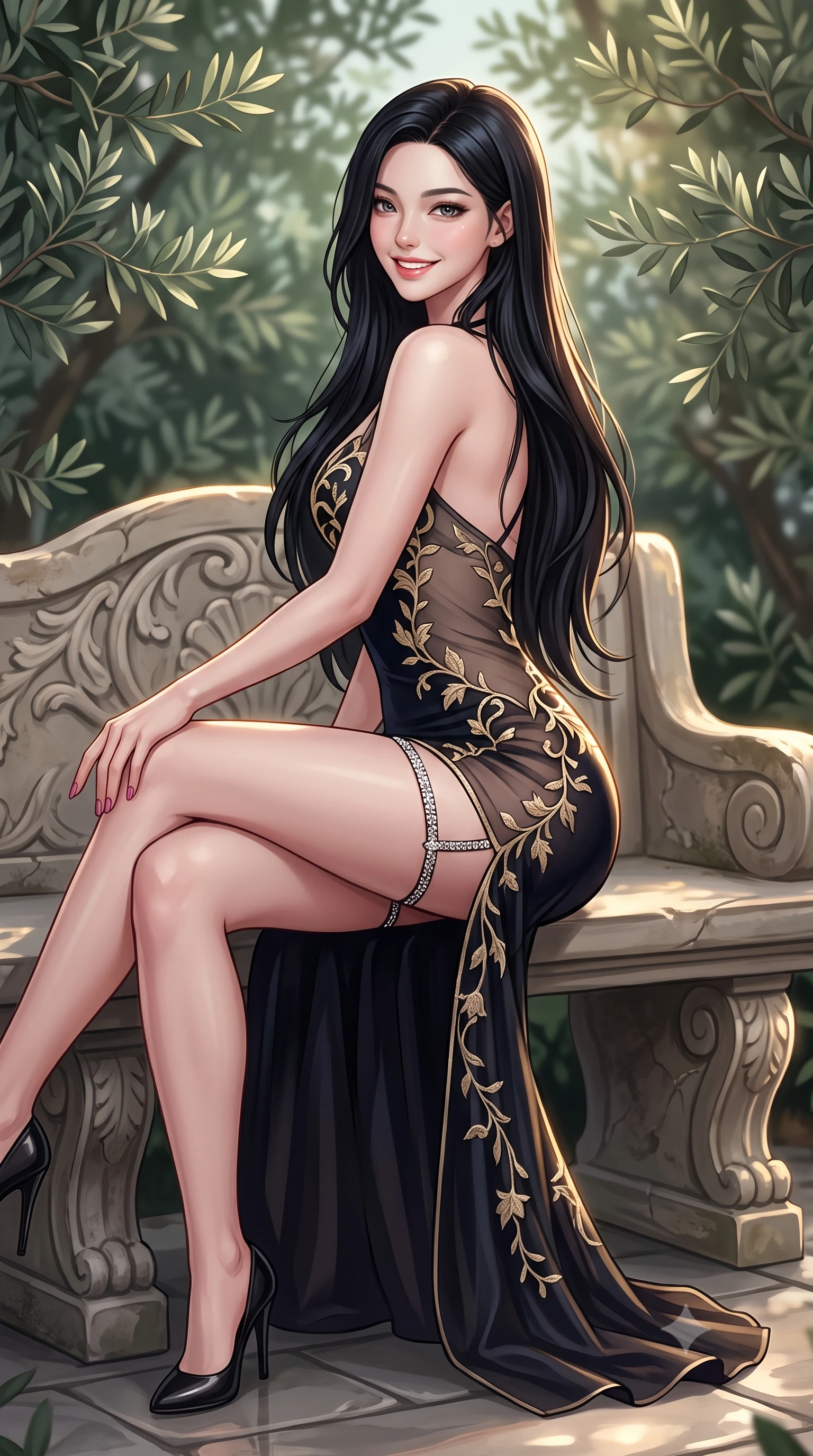 score_9, masterpiece, best quality, ultra-detailed, high-budget anime keyframe, semi-realistic 3D game render, editorial fashion photography, tasteful artistic composition, Korean woman. close-up cowboy shot from the waist and thighs up, the character dominates the composition, filling the frame with her large presence. posing in an alluring rear three-quarter angle, looking over a bare shoulder with parted glossy lips, her hips cocked back to highlight her slim hourglass curve while sitting gracefully on the carved stone bench with legs crossed, running one manicured hand slowly down her hip with magnetic charm. The background shows a soft-focus silver-green olive leaves softened in timeless artists' sanctuary shallow focus. She has an exceptionally elegant, slender, and willowy female figure with an ultra-slim waist, flat toned midriff, narrow ribcage, and sculpted feminine hips creating an alluring, slim hourglass silhouette without bulk. sharp v-shaped jawline, high-bridge nose, intricate jewel-like sparkling eyes with depth, thick eyelashes, glossy parted lips with a natural peach sheen, bright cheerful beaming smile with an enchanting and coquettish sensual glint, exuding both youthful cute charm and seductive allure, flawlessly proportioned anatomical accuracy, strict slender model proportions, natural body alignment, perfectly sculpted long slender limbs, ultra-slim waistline, clean dynamic posture without body distortion. wearing a provocative sheer noir illusion mesh cocktail dress with embroidered climbing ivy ribbons contouring her curves in deep midnight obsidian black and champagne gold, featuring strategic sheer-illusion tulle side panels framing her ribcage and hips, finished with delicate crystal-encrusted thigh garter straps glinting in the dim light, the impeccably tailored cut draping gracefully along her slender figure with aristocratic poise. illuminated by stone ground reflection fill and sharp flame-gold rim lights defining her razor-sharp jawline, narrow waist, and curvy hips. highly saturated vibrant anime colors, detailed shading with soft gradients, rich glossy textures, high-contrast stereoscopic depth, volumetric dynamic lighting, master piece, 9:16 ratio