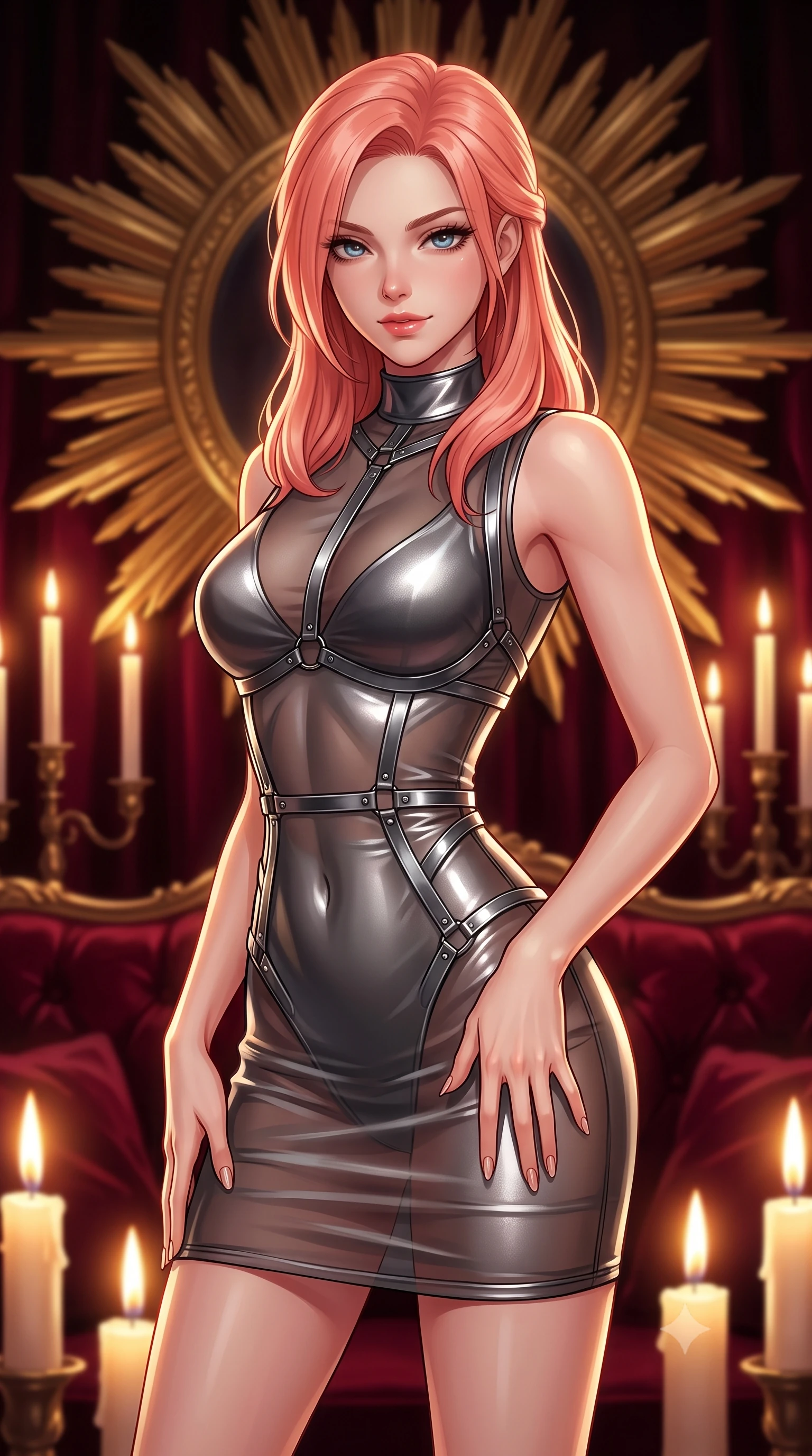 score_9, masterpiece, best quality, ultra-detailed, high-budget anime keyframe, editorial fashion photography, tasteful artistic composition, Japanese woman. close-up cowboy shot from the waist and thighs up, the character dominates the composition, filling the frame with her large presence, background elements kept in soft focus. Smiling with quiet, magnetic self-assurance directly into the camera, standing before a giant golden sunburst mirror in a dark crimson velvet suite, magnetic, smoldering half-smile as she glances sidelong into the camera. She has an exceptionally elegant, slender, and willowy female figure with an ultra-slim waist, a gracefully sculpted slender torso, and a refined silhouette. sharp v-shaped jawline, high-bridge nose, intricate jewel-like eyes with depth, thick eyelashes, glossy lips with a natural sheen. wearing aerodynamic second-skin dark silver metallic bodycon dress in metallic dark silver, made of sheer dark organza overlay, highlighted by a gunmetal metallic harness structure, the fitted fabric emphasizing her ultra-slim waist. illuminated by warm golden candle rays and high-contrast dark velvet shadows. highly saturated vibrant anime colors, detailed shading with soft gradients, rich glossy textures, high-contrast stereoscopic depth, volumetric dynamic lighting, master piece, 9:16 ratio