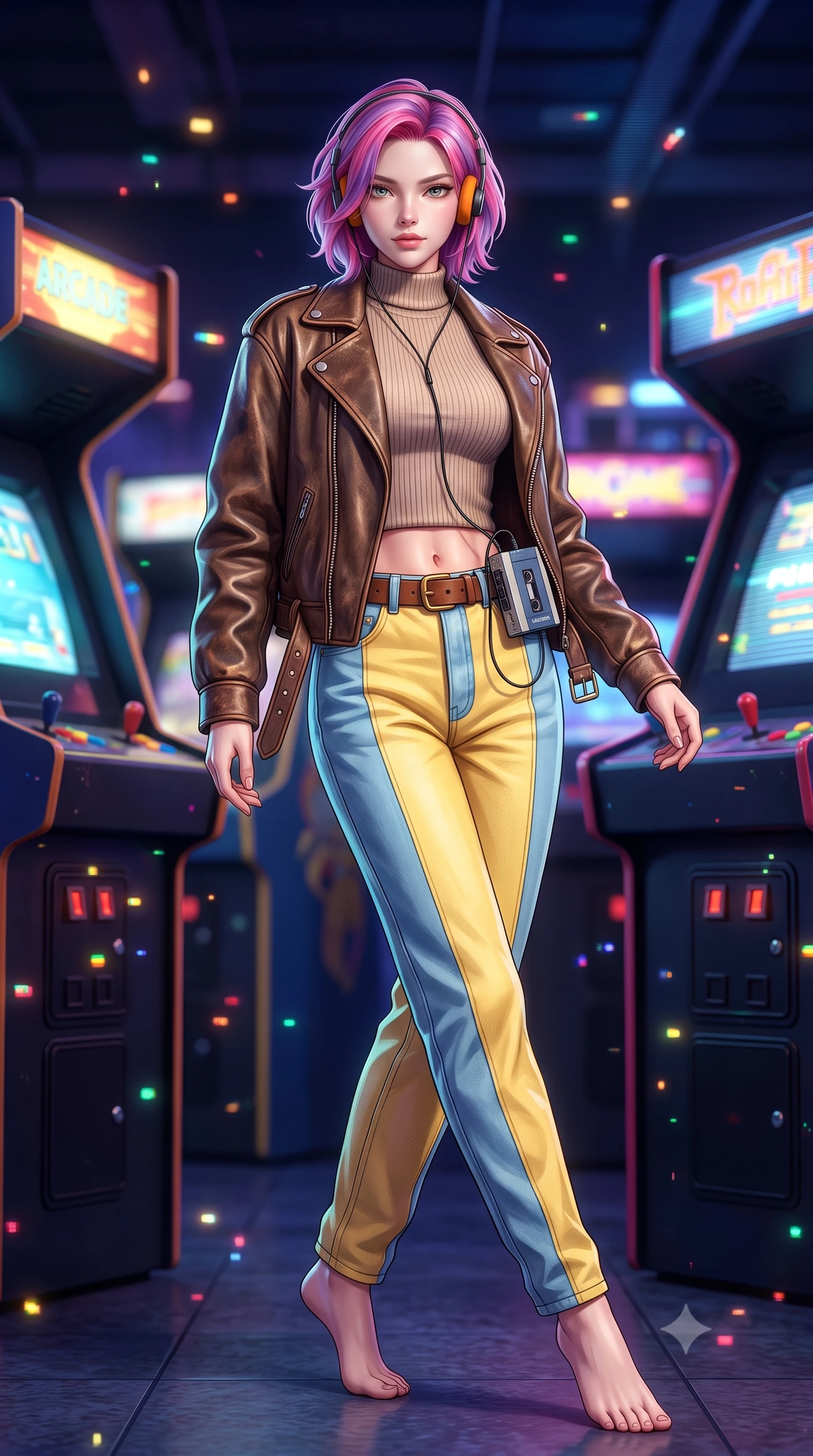 score_9, masterpiece, best quality, ultra-detailed, high-budget anime keyframe, semi-realistic 3D game render, editorial fashion photography, tasteful artistic composition, Caucasian woman. low angle full-body shot from head to toe showing her feet, filling the entire 9:16 vertical frame with her statuesque presence, stretching her vertical silhouette. pivoting dynamically with supreme athletic balance and poise, her impossibly long slender legs creating a breathtaking line while standing in a buzzing 1980s neon arcade game center, wearing retro on-ear foam headphones plugged into a vintage cassette Walkman. The composition keeps background elements in soft focus with creamy bokeh. flickering coin-slot lights and pixel scanline glints scattering vibrant nostalgic light motes. She has an absolutely perfect, statuesque 8.5-heads proportion, an exceptionally tall and slender model-like female figure with impossibly long slender legs, a toned flat midriff, and an ultra-slim waist. sharp v-shaped jawline, high-bridge nose, intricate jewel-like eyes with depth, thick eyelashes, glossy lips with a natural sheen, captivating and magnetic expression, flawlessly proportioned anatomical accuracy, strict slender model proportions, natural body alignment, perfectly sculpted long slender limbs, ultra-slim waistline, clean dynamic posture without body distortion. wearing an iconic oversized vintage brown leather biker jacket worn over a snug ribbed turtleneck and high-rise mom jeans in sunny retro canary yellow and sky blue, tailored from fine British wool tweed and comfortable stretch cotton, accessorized with a classic leather belt with brass buckle and retro on-ear foam headphones, the precision-cut daring openings accentuating her delicate midriff, graceful bare collarbones, and ultra-slim feminine waistline. illuminated by crisp directional highlights defining her toned midriff, slender waist, and long legs. highly saturated vibrant anime colors, detailed shading with soft gradients, rich glossy textures, high-contrast stereoscopic depth, volumetric dynamic lighting, master piece, 9:16 ratio