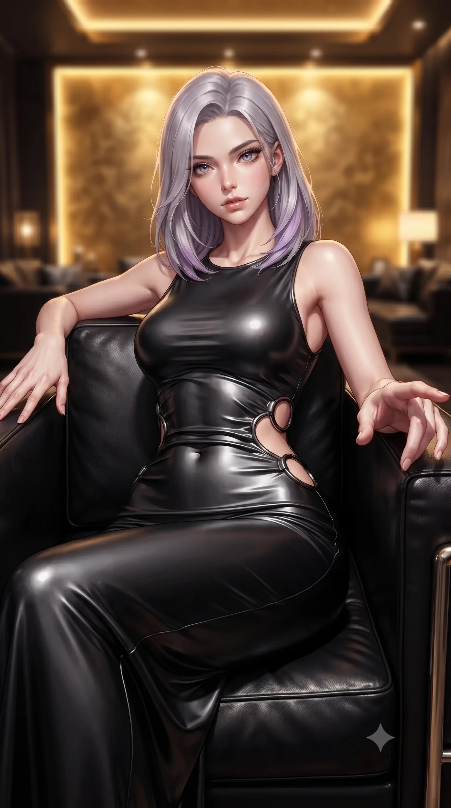 score_9, masterpiece, best quality, ultra-detailed, high-budget anime keyframe, editorial fashion photography, tasteful artistic composition, Caucasian woman. close-up cowboy shot from the waist and thighs up, the character dominates the composition, filling the frame with her large presence, background elements kept in soft focus. Reaching one hand toward the viewer with relaxed sensual elegance, lounging in a deep black leather armchair in an exclusive private suite, single warm key spotlight tracing every curve of her ultra-slim waist. She has an exceptionally elegant, slender, and willowy female figure with an ultra-slim waist, a gracefully sculpted slender torso, and a refined silhouette. sharp v-shaped jawline, high-bridge nose, intricate jewel-like eyes with depth, thick eyelashes, glossy lips with a natural sheen. wearing fitted liquid mercury jersey maxi dress hugging every curve in pitch-black onyx, made of polished black leather, trimmed with dark chrome ring hardware along the waist contours, accentuating her gracefully sculpted slender torso. illuminated by warm golden light radiating from gold-leaf accent walls. highly saturated vibrant anime colors, detailed shading with soft gradients, rich glossy textures, high-contrast stereoscopic depth, volumetric dynamic lighting, master piece, 9:16 ratio