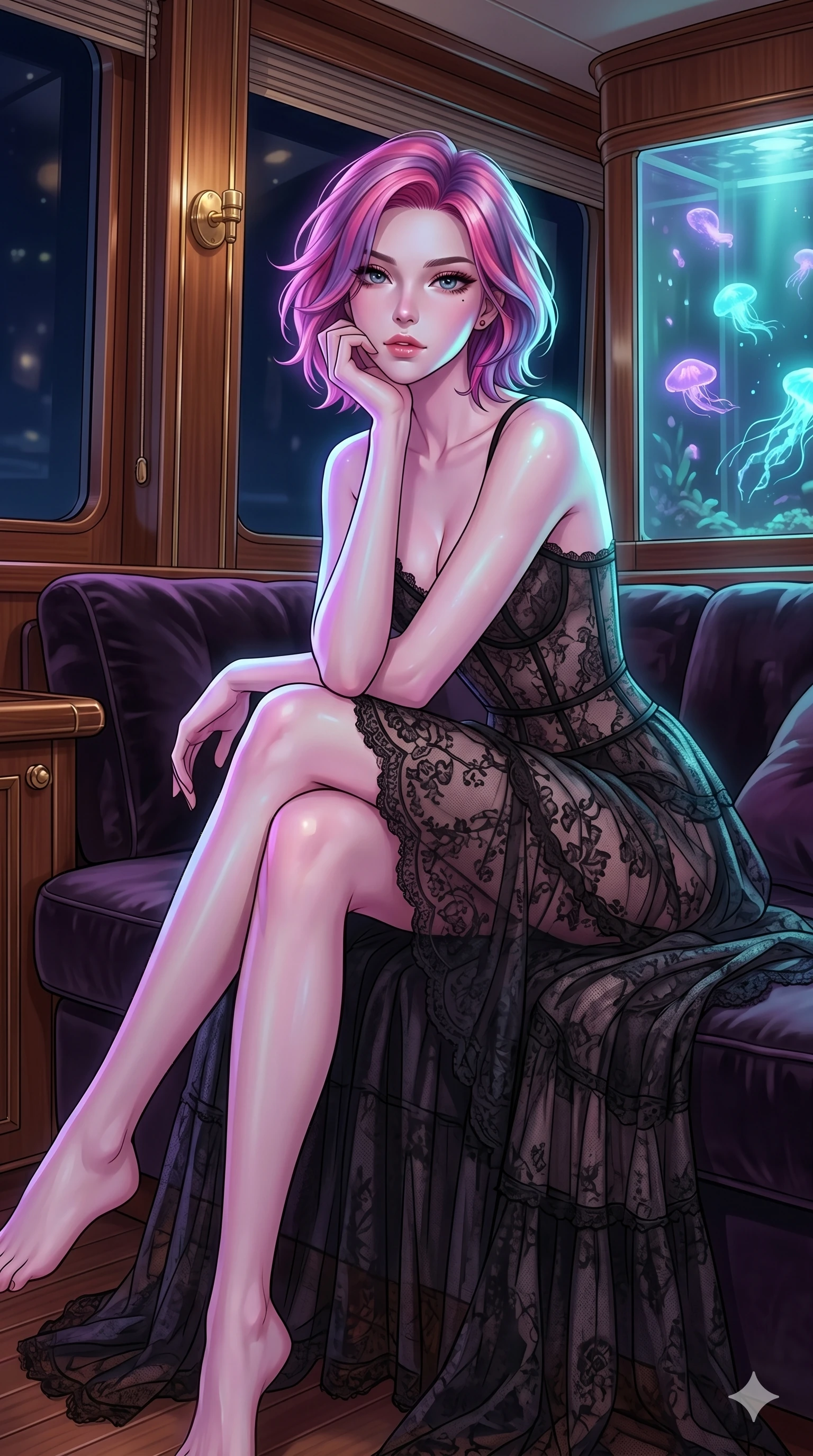 score_9, masterpiece, best quality, ultra-detailed, high-budget anime keyframe, editorial fashion photography, tasteful artistic composition, Caucasian woman, strictly human ears. cowboy shot from the thighs up, character and outfit filling the frame for maximum editorial presence. sitting on a velvet sofa, resting her chin on her fingers inside a luxury yacht cabin (Code-P17-147). She has an absolutely perfect 8-heads proportion, an exceptionally tall and slender female figure with impossibly long slender legs and an ultra-slim waist. V-shaped jawline, high-bridge nose, intricate jewel-like eyes with depth, thick eyelashes, glossy lips with a natural sheen. wearing a sheer lace corset top combined with a semi-opaque skirt. soft purple and cyan light from the floating organisms, casting a magical aura on her. 2k, ultra detail, master piece, 9:16 ratio