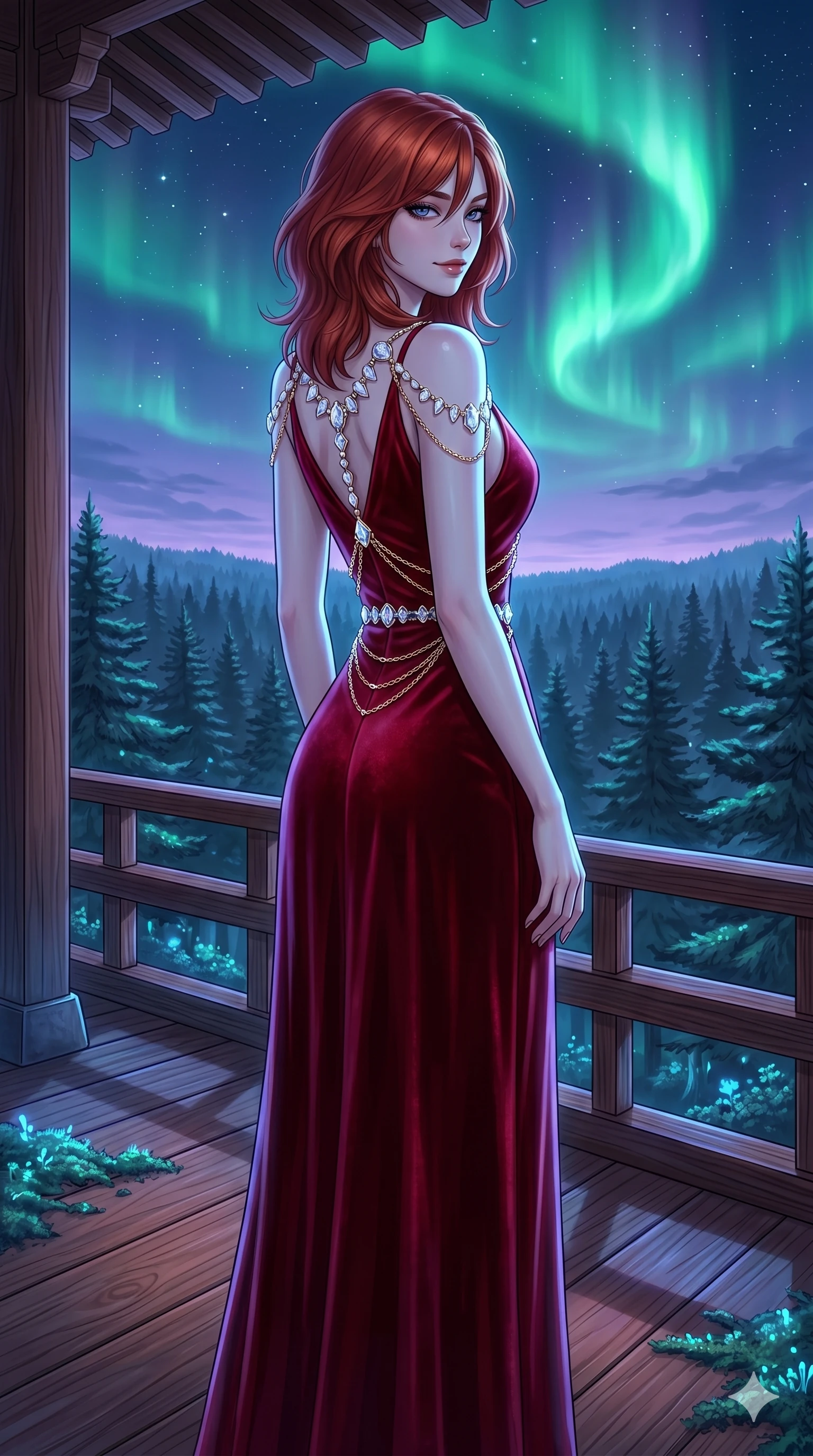 score_9, masterpiece, best quality, ultra-detailed, high-budget anime keyframe, editorial fashion photography, tasteful artistic composition, Korean woman. cowboy shot from the thighs up, character and outfit filling the frame for maximum editorial presence. Glancing sidelong over her shoulder with a smoldering half-smile on a wooden deck overlooking an ancient pine forest under a sky with a giant green aurora. She has an absolutely perfect 8-heads proportion, an exceptionally tall and slender female figure with impossibly long slender legs and an ultra-slim waist. V-shaped jawline, high-bridge nose, intricate jewel-like eyes with depth, thick eyelashes, glossy lips with a natural sheen. wearing a crimson velvet slip dress with a V-neckline, layered under a delicate crystal body harness that traces her waist and shoulders. bathed in cool ethereal blue-violet bioluminescent glow that highlights her form from all sides. 2k, ultra detail, master piece, 9:16 ratio