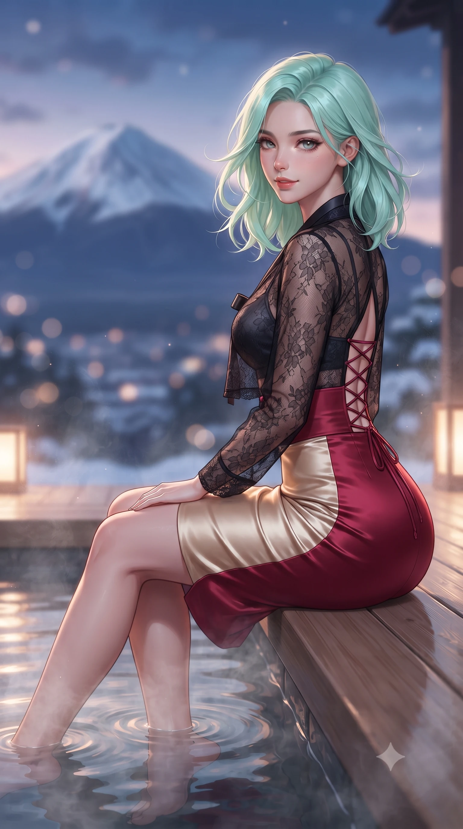 score_9, masterpiece, best quality, ultra-detailed, high-budget anime keyframe, editorial fashion photography, tasteful artistic composition, Japanese woman. close-up cowboy shot from the waist and thighs up, the character dominates the composition, filling the frame with her large presence. turning slowly with a smoldering smile, her glossy dark hair tossing in the evening breeze as her hips angle gracefully in a captivating contrapposto while sitting gracefully on the heated wooden deck with legs dipping in the hot spring, her sleek loungewear radiating cozy sensual warmth. The background shows a soft-focus the iconic symmetrical snow cone of Mount Fuji and twilight purple alpine sky blurred into indigo, rose-gold, and frosty white bokeh. She has an exceptionally elegant, slender, and willowy female figure with an ultra-slim waist, flat toned midriff, narrow ribcage, and sculpted feminine hips creating an alluring, slim hourglass silhouette without bulk. sharp v-shaped jawline, high-bridge nose, intricate jewel-like dark sparkling almond eyes with depth, thick lashes, glossy parted lips with a natural rose-plum sheen, bright alluring and coquettish smile with bedroom-eyes, exuding both timeless oriental elegance and sovereign high-fashion allure, flawlessly proportioned anatomical accuracy, strict slender model proportions, natural body alignment, perfectly sculpted long slender limbs, ultra-slim waistline, clean dynamic posture without body distortion. wearing a sheer black lace jeogori worn over an opaque dark silk bralette with an ultra-fitted high-waisted pencil skirt in royal crimson red and lustrous champagne gold, crafted from heavy fluid silk satin with a liquid mirror-like sheen, finished with criss-cross back satin laces tracing her slender spine, the form-contouring cut accentuating her sculpted flat midriff, narrow delicate ribcage, and gracefully curvy hips with regal oriental supermodel elegance. illuminated by hot spring water caustics and sharp platinum rim lights carving her razor-sharp jawline, narrow waist, and curvy hips. ultra-reflective glossy finish, specular highlights, rich textural contrasts, high-contrast stereoscopic depth, volumetric dynamic lighting, 2k, ultra detail, master piece, 9:16 ratio