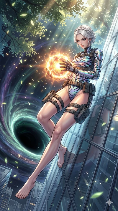 score_9, masterpiece, best quality, ultra-detailed, Set A: High-budget Anime Keyframe, Japanese woman. Low angle cowboy shot filling the entire 9:16 frame with her statuesque presence. Theme: Historical Remix. sliding down a glass skyscraper in the e