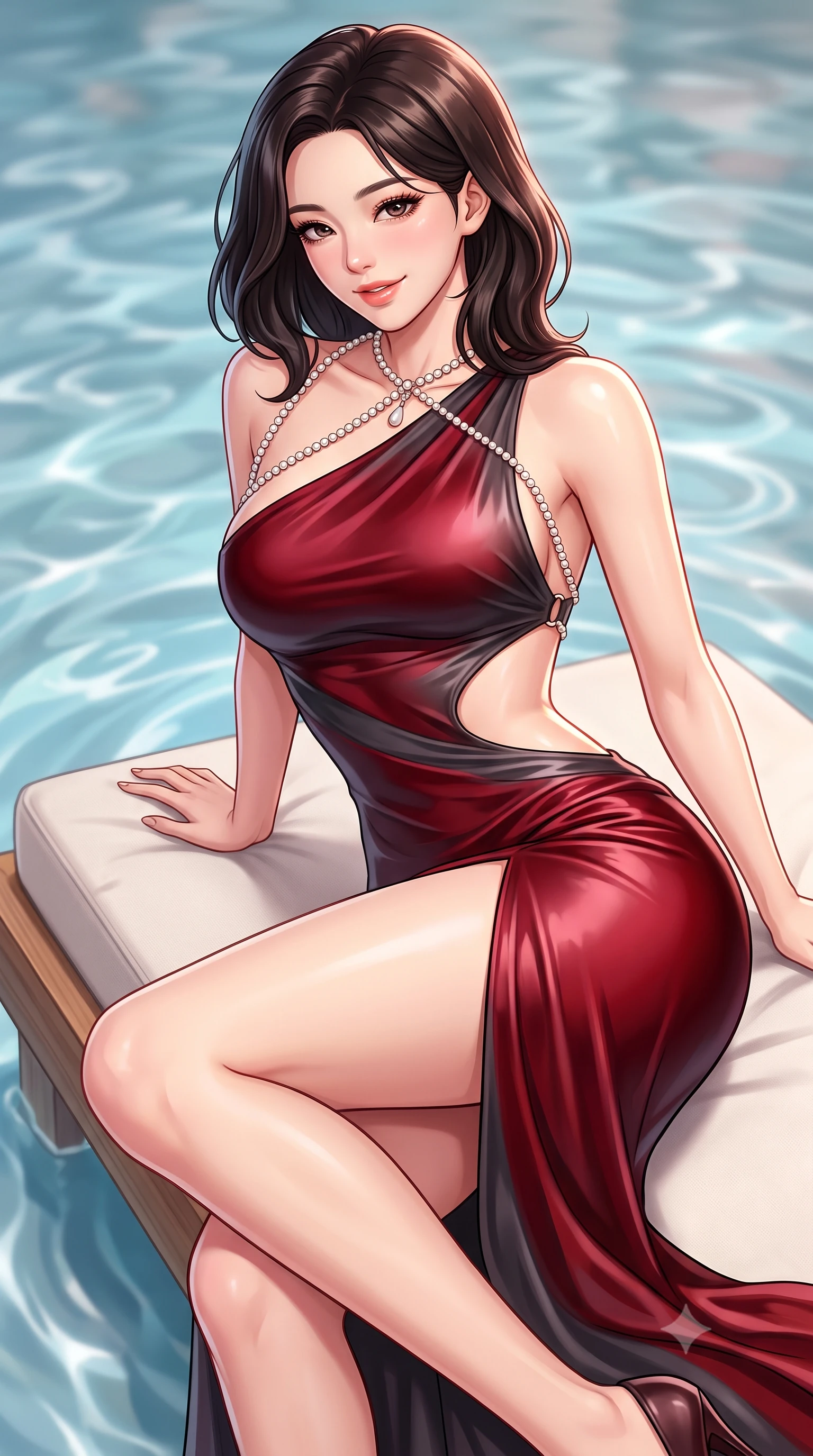 score_9, masterpiece, best quality, ultra-detailed, high-budget anime keyframe, semi-realistic 3D game render, editorial fashion photography, tasteful artistic composition, Korean woman. close-up cowboy shot from the waist and thighs up, the character dominates the composition, filling the frame with her large presence. perched sideways on the lounge seat, one knee drawn up to showcase her slender leg line while her arched back accentuates her feminine hip curve while lounging across the floating teak daybed propped on one elbow, her statuesque 8.5-heads silhouette commanding the idyllic Italian estate. The background shows a soft-focus swirling pool water ripples softened in cinematic Mediterranean shallow focus. She has an exceptionally elegant, slender, and willowy female figure with an ultra-slim waist, flat toned midriff, narrow ribcage, and sculpted feminine hips creating an alluring, slim hourglass silhouette without bulk. sharp v-shaped jawline, high-bridge nose, sparkling eyes with hypnotic seductive depth, thick curled eyelashes, glossy parted lips with a natural dewy peach sheen, alluring bedroom-eyes with an enchanting coquettish smile, exuding magnetic siren charisma and sophisticated glamour, flawlessly proportioned anatomical accuracy, strict slender model proportions, natural body alignment, perfectly sculpted long slender limbs, ultra-slim waistline, clean dynamic posture without body distortion. wearing an asymmetric one-shoulder liquid jersey gown with dramatic hip-high slit and sculptural waist cutout in rich cherry lacquer and smoky charcoal, crafted from fluid liquid silk satin that clings smoothly to every curve with a dewy sheen, accented with a pearl-drop body harness subtly framing her dewy collarbones and spine, the form-contouring silhouette accentuating her sculpted flat midriff, narrow delicate ribcage, and gracefully curvy hips with intoxicating allure. illuminated by pool water specular reflections and sharp rose-gold rim lights defining her delicate clavicles, ultra-slim waist, and curvy hips. highly saturated vibrant anime colors, detailed shading with soft gradients, rich glossy textures, high-contrast stereoscopic depth, volumetric dynamic lighting, master piece, 9:16 ratio
