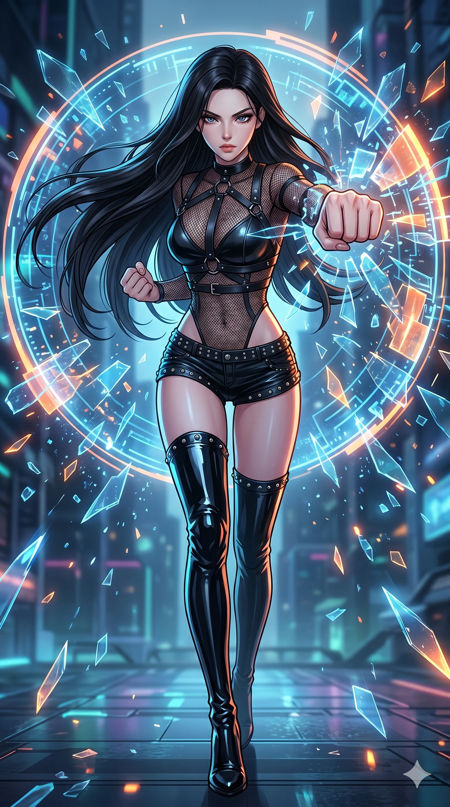 score_9, masterpiece, best quality, ultra-detailed, high-budget anime movie keyframe, cinematic anime lighting, intricate line art, Korean woman. Low angle cowboy shot capturing a powerful motion and statuesque presence. punching through a holographic firewall that shatters like glass. She has an absolutely perfect 8-heads proportion, an exceptionally tall and slender female figure with an ultra-slim waist and impossibly long slender legs. strictly human anatomy, two legs only, no extra limbs, clearly defined legs and arms, perfect anatomy, perfect hands and fingers. sharp v-shaped jawline, high-bridge nose, intricate jewel-like eyes, thick eyelashes, glossy lips. Wearing K-Idol Stage: Leather harness over mesh, high-cut bodysuit, studded micro-shorts, and thigh-high patent boots. The scene is illuminated by dramatic atmospheric lighting and vibrant color palettes. , 2k, ultra detail, master piece, 9:16 ratio