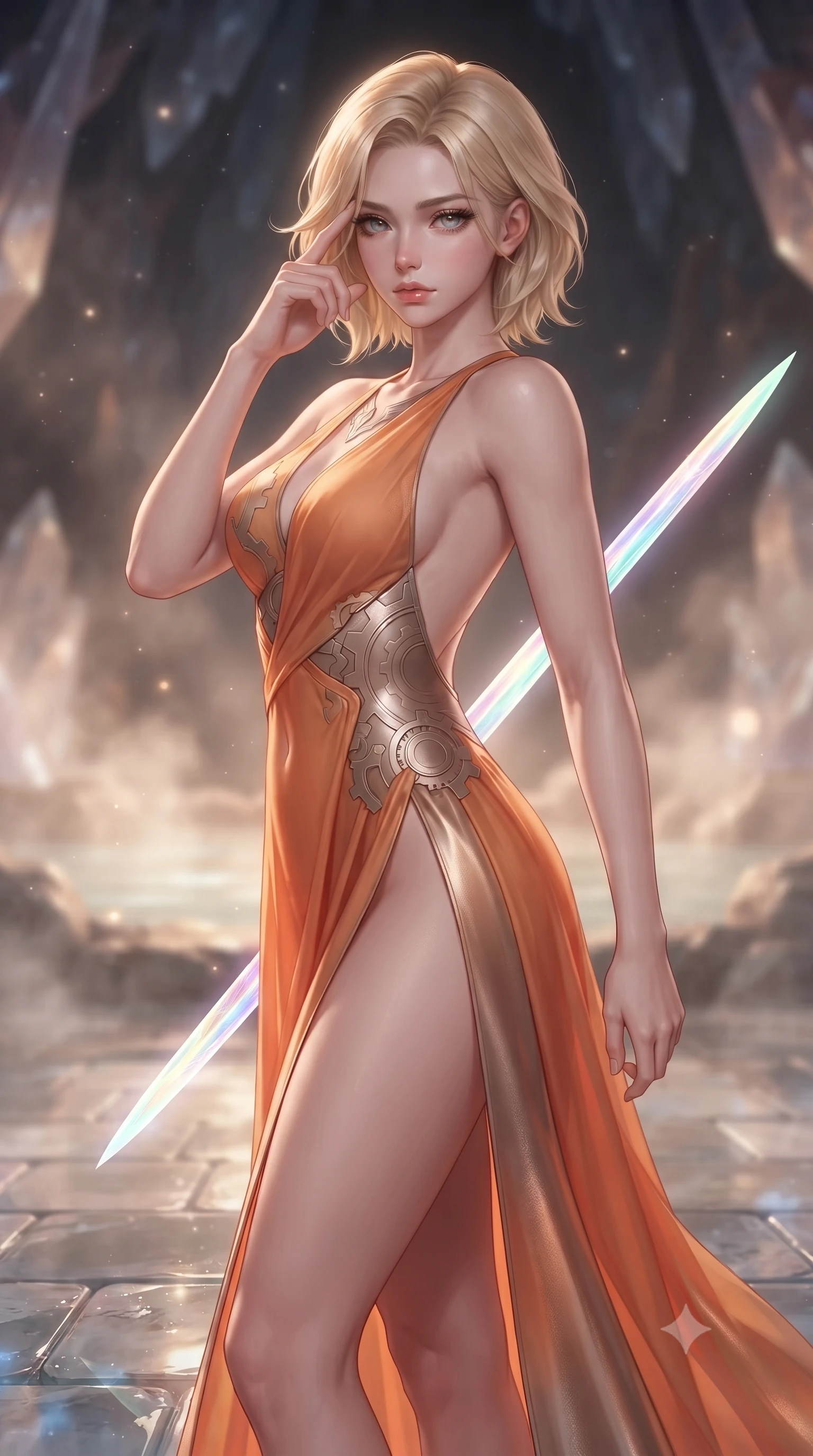 score_9, masterpiece, best quality, ultra-detailed, high-budget anime keyframe, editorial fashion photography, tasteful artistic composition, Caucasian woman. close-up cowboy shot from the waist and thighs up, the character dominates the composition, filling the frame with her large presence, background elements kept in soft focus. pressing two fingers to her temple while holding a light-spear diagonally behind her in a composed thoughtful gesture, the background shows a soft-focus a cave hot spring inside a crystal cavern, with mineral steam rising. She has an exceptionally elegant, slender, and willowy female figure with an ultra-slim waist, a gracefully sculpted slender torso, and a refined silhouette. sharp v-shaped jawline, high-bridge nose, intricate jewel-like eyes with depth, thick eyelashes, glossy lips with a natural sheen. wearing a tailored high-slit space combat gown in sunset orange chiffon, featuring a daring thigh-slit and an open-back design. soft morning mist diffusing the warm starlight, creating a tranquil atmosphere. ultra-reflective glossy finish, specular highlights, metallic sheen, high-contrast stereoscopic depth, volumetric dynamic lighting, 2k, ultra detail, master piece, 9:16 ratio