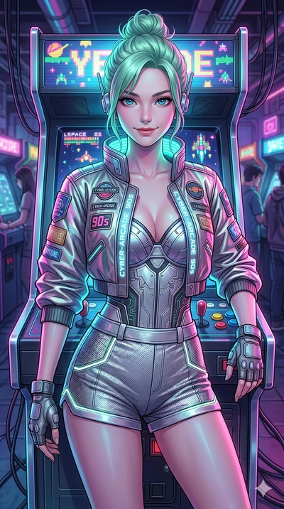 score_9, masterpiece, best quality, ultra-detailed, high-budget anime keyframe, semi-realistic 3D game render, Japanese woman. Upper body close-up from the thighs up, character filling the screen for maximum presence. Standing in front of a glowing r