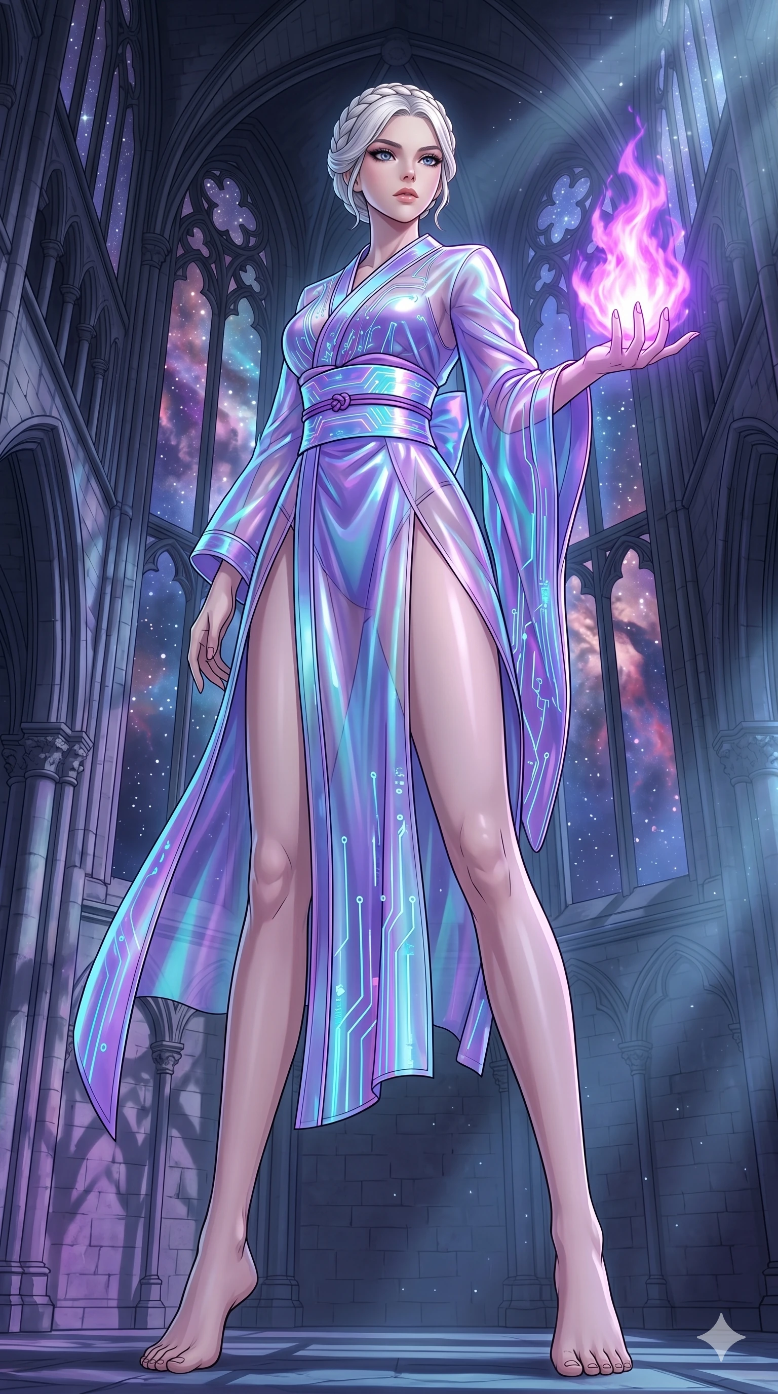 score_9, masterpiece, best quality, ultra-detailed, High-budget Anime Keyframe, vibrant colors, fluid line-art, expressive lighting, cinematic composition, Ufotable-style visual effects, top-tier animation quality, Korean woman with idol-like refined features. Wide-angle low shot emphasizing her impossibly long slender legs and commanding stature. Igniting a mystical flame that burns with a brilliant violet light, casting long and dramatic shadows on the temple walls. She has an absolutely perfect 8-heads proportion, an exceptionally tall and slender female figure with impossibly long slender legs and an ultra-slim waist, her statuesque height and towering silhouette dominating the vertical 9:16 frame. Her face is a masterpiece featuring a sharp v-shaped jawline, high-bridge nose, intricate jewel-like eyes with depth, thick eyelashes, and glossy lips with a natural sheen. She is wearing a High-slit tech-kimono with holographic obi and integrated neon-lit circuitry patterns crafted from Iridescent vinyl with a futuristic sheen that shifts between violet and cyan, with sheer fabric transparency over her delicate curves and a high-cut silhouette. The scene is set in a majestic gothic cathedral in deep space with massive windows overlooking a swirling nebula, illuminated by volumetric light beams cutting through a hazy atmosphere, creating a sense of depth. 2k, ultra detail, master piece, 9:16 ratio