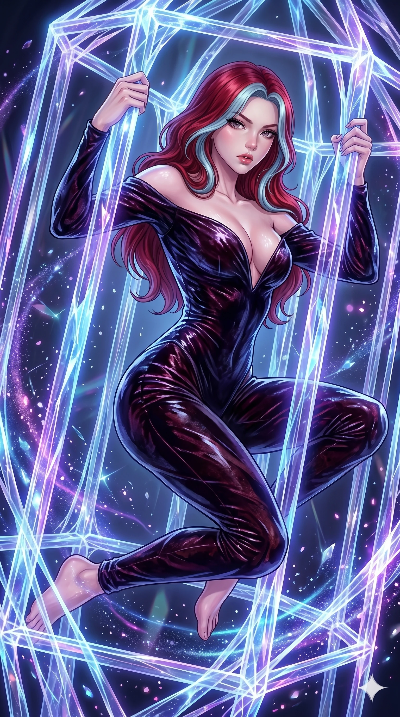 score_9, masterpiece, best quality, ultra-detailed, High-budget Anime Keyframe, East Asian woman. Dynamic full-body shot stretching the vertical silhouette to the limit. Scenario 172: Trapped in a cage of glowing crystalline fibers, body pressing against the bars. Her presence is magnetic and overpowering in this high-budget anime scene. Outfit 172: A crushed dark velvet second with a low-cut shoulder and wet-look texture. The clothing is designed to emphasize her exceptionally tall and slender 8-heads proportion. 8-heads proportion, towering silhouette, ultra-slim waist. sharp v-shaped jawline, intricate jewel-like eyes with depth, thick eyelashes, glossy lips. 2k, ultra detail, master piece, 9:16 ratio