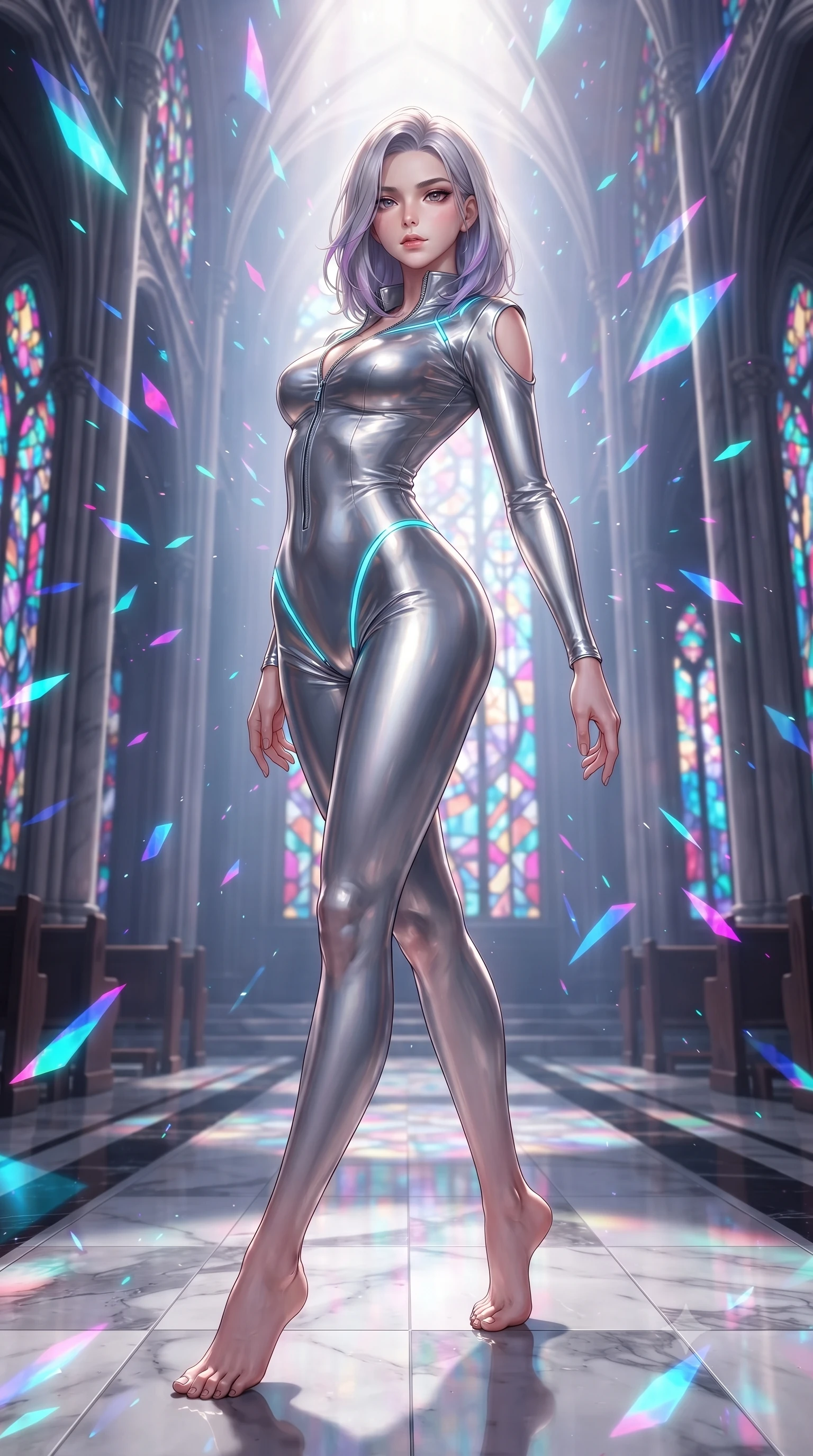 score_9, masterpiece, best quality, ultra-detailed, high-budget anime keyframe, editorial fashion photography, tasteful artistic composition, Caucasian woman. low angle full-body shot from head to toe showing her feet, filling the entire 9:16 vertical frame with her statuesque presence, stretching her vertical silhouette. arching her back in a fluid zero-gravity turn with sovereign grace, her long slender legs and sculpted torso creating a sweeping line while landing gracefully on a polished cathedral aisle as prismatically refracted neon shards rain down. The surrounding environment is rendered in vivid detail and crisp panoramic clarity. geometric stained glass patterns, marble floor reflections, and crisp atmospheric light shafts in high clarity. She has an absolutely perfect, statuesque 8.5-heads proportion, an exceptionally tall and slender model-like female figure with impossibly long slender legs and an ultra-slim waist. sharp v-shaped jawline, high-bridge nose, intricate jewel-like eyes with depth, thick eyelashes, glossy lips with a natural sheen, flawlessly proportioned anatomical accuracy, natural body alignment, perfectly sculpted elegant limbs, clean dynamic posture without body distortion. wearing a form-fitting top made of molten liquid-mercury fabric that clings to her curves, with strategic tear-drop shoulder cutouts and a dangerously unzipped front collar in liquid mercury silver and glowing electric cyan, made of liquid metal jersey that clings flawlessly to every contour of her build, accented with glowing fiber-optic seams tracing her collarbones and hip curves, the liquid-tight fabric adhering flawlessly to her sculpted torso and slender silhouette. surrounded by an awe-inspiring, ethereal, and breathtakingly dramatic cathedral atmosphere. ultra-reflective glossy finish, specular highlights, metallic sheen, high-contrast stereoscopic depth, volumetric dynamic lighting, 2k, ultra detail, master piece, 9:16 ratio