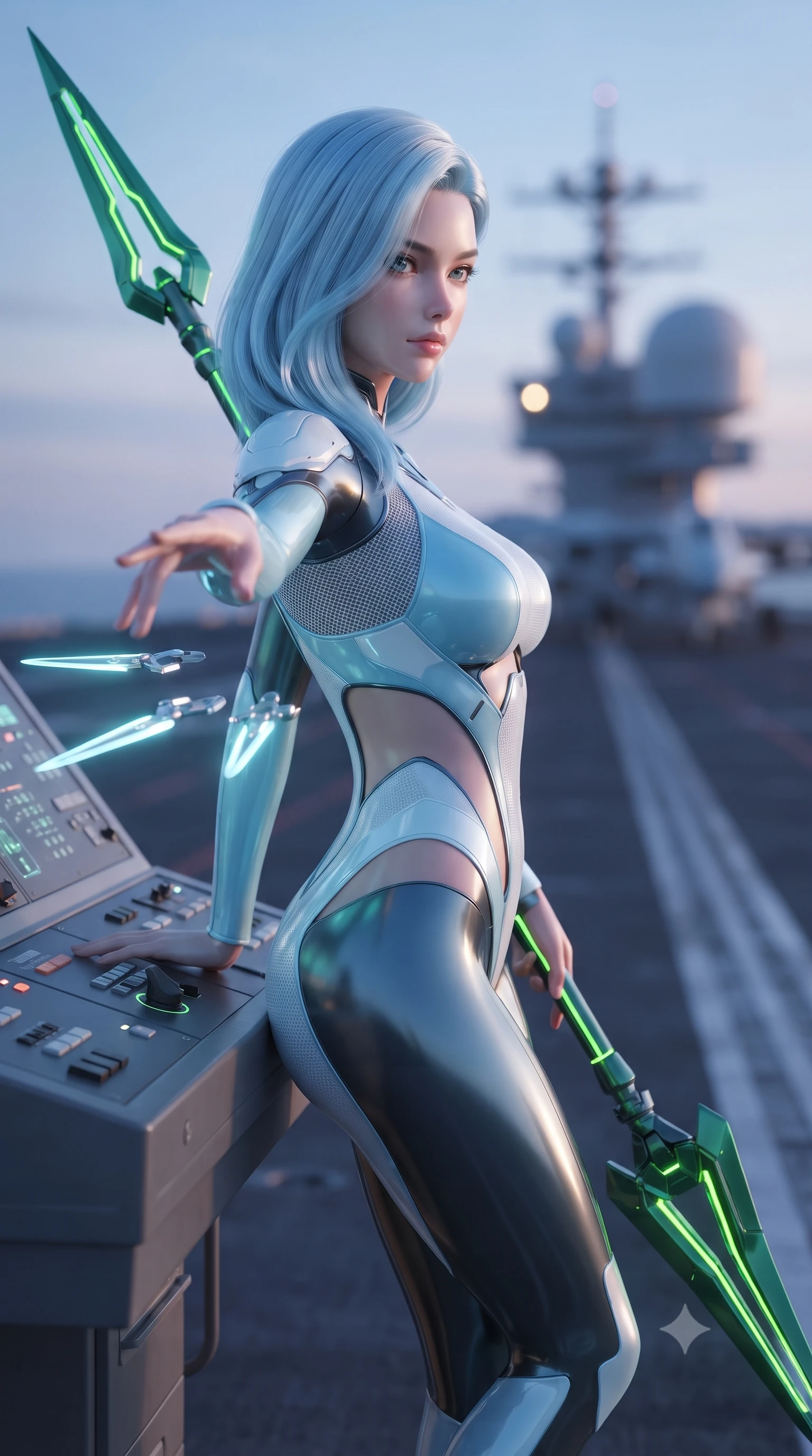 score_9, masterpiece, best quality, ultra-detailed, high-budget anime keyframe, editorial fashion photography, tasteful artistic composition, Korean woman. close-up cowboy shot from the waist and thighs up, the character dominates the composition, filling the frame with her large presence. stretching forward with an alluring arch of her spine, glancing over her shoulder with divine self-assurance and magnetic intensity while leaning against a flight control console with one hand extended, directing the floating blades with graceful finger gestures. The composition keeps background elements in soft focus with creamy bokeh. carrier deck catapult tracks and radar radomes softened in luminous shallow depth of field. She has an exceptionally elegant, slender, and willowy female figure with an ultra-slim waist, a gracefully sculpted slender torso, toned flat midriff, and a refined slim silhouette. sharp v-shaped jawline, high-bridge nose, intricate jewel-like eyes with depth, thick eyelashes, glossy lips with a natural sheen, flawlessly proportioned anatomical accuracy, strict slender model proportions, natural body alignment, perfectly sculpted long slender limbs, ultra-slim waistline, clean dynamic posture without body distortion. wearing an ultra-sleek glacial-cyan and white carbon-mesh combat bodysuit with frost-resistant plating, holding a glowing high-frequency cryo-energy spear with commanding poise in emerald green carbon composite with glowing lime laser channels, crafted from semi-translucent cybernetic carbon-vinyl interwoven with glowing micro-filaments, finished with high-mobility articulation joints and miniature magnetic armor locks, the precision-cut daring openings accentuating her delicate midriff, graceful bare collarbones, and ultra-slim feminine waistline. illuminated by crisp specular highlights tracing her sculpted collarbones, waistline, and long slender legs. ultra-reflective glossy finish, specular highlights, dark metallic sheen, high-contrast stereoscopic depth, volumetric dynamic lighting, 2k, ultra detail, master piece, 9:16 ratio