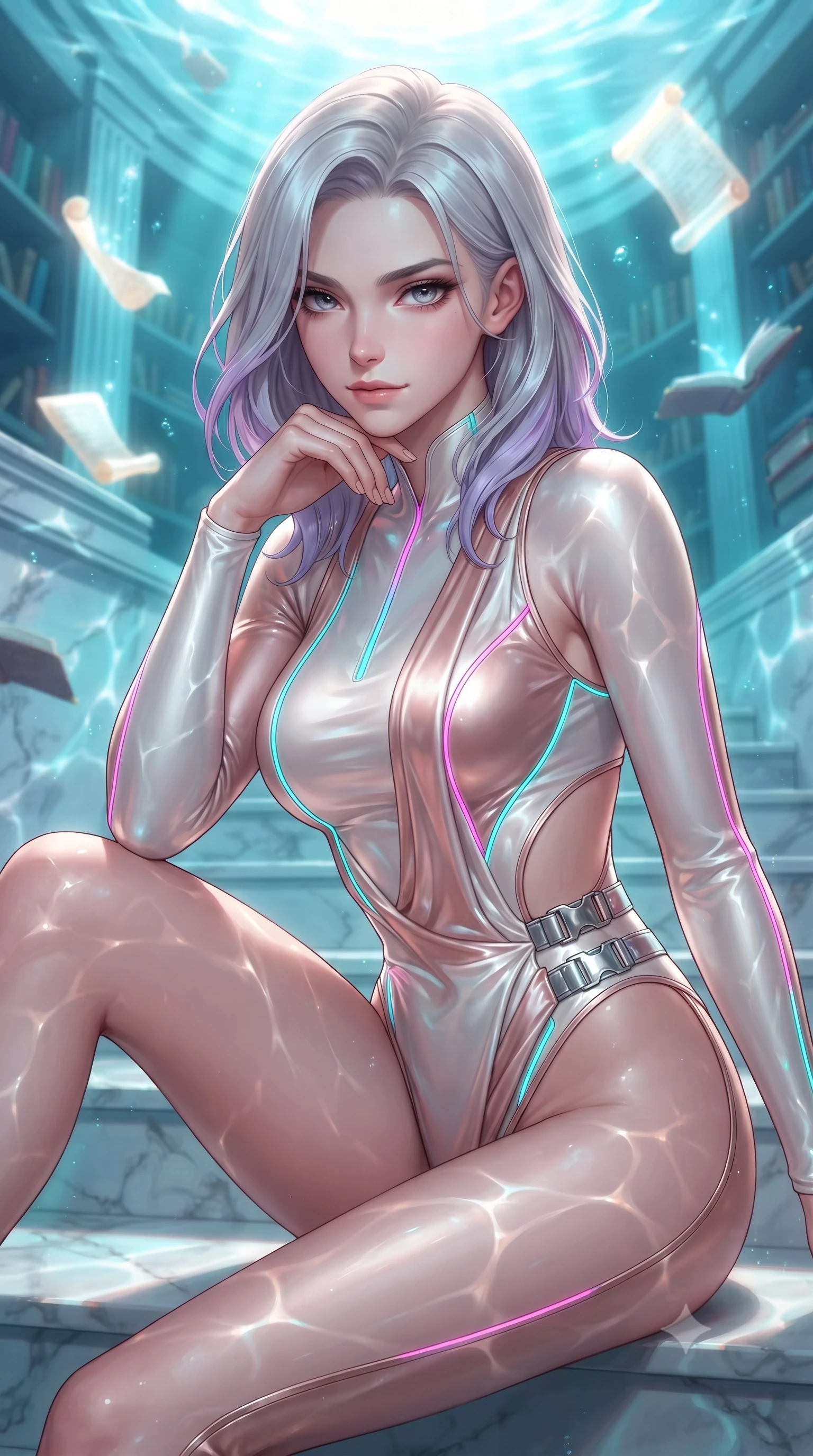 score_9, masterpiece, best quality, ultra-detailed, high-budget anime keyframe, editorial fashion photography, tasteful artistic composition, Caucasian woman. close-up cowboy shot from the waist and thighs up, the character dominates the composition, filling the frame with her large presence, background elements kept in soft focus. Resting her chin on the backs of her fingers, casting a sharp, mysterious gaze navigating a submerged ancient library surrounded by floating glowing scrolls, shimmering water reflections dancing dynamically across the marble walls. She has an exceptionally elegant, slender, and willowy female figure with an ultra-slim waist, a gracefully sculpted slender torso, and a refined silhouette. sharp v-shaped jawline, high-bridge nose, intricate jewel-like eyes with depth, thick eyelashes, glossy lips with a natural sheen. wearing a skin-tight cybernetic bodysuit with glowing neon seams and side cutouts in pearl white and rose gold, crafted from lustrous satin jersey with fluid draping, detailed with polished silver buckles along the waistline, the elegant draped fit framing her graceful clavicle and slender torso. bathed in brilliant underwater sunbeams and soft turquoise caustic glow. highly saturated vibrant anime colors, detailed shading with soft gradients, rich glossy textures, high-contrast stereoscopic depth, volumetric dynamic lighting, master piece, 9:16 ratio