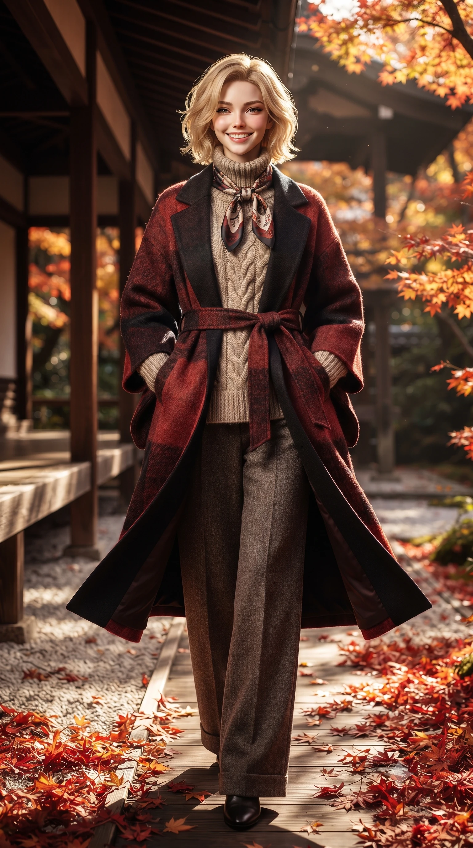 score_9, masterpiece, best quality, ultra-detailed, high-budget anime keyframe, editorial fashion photography, tasteful artistic composition, Caucasian woman. low angle full-body shot from head to toe showing her feet, filling the entire 9:16 vertical frame with her statuesque presence, stretching her vertical silhouette. standing tall and centered in the frame with hands tucked into her coat pockets, radiating statuesque poise and calm warmth while walking along the exterior wooden gallery overlooking raked white gravel and flaming crimson maple leaves, her tailored coat flowing with poise. The surrounding environment is rendered in vivid detail and crisp panoramic clarity: detailed modern kimono-wrap wool coat tailoring, sash belt knot, and classical Japanese temple joinery in razor-sharp precision. She has an exceptionally tall and slender model-like 8.5-heads proportion, an ultra-slim waist, a flat toned midriff, narrow delicate ribcage, and beautifully sculpted feminine hips creating a graceful, slim hourglass silhouette without any bulky heaviness, with impossibly long slender legs. sharp v-shaped jawline, high-bridge nose, intricate jewel-like sparkling eyes with depth, thick eyelashes, glossy parted lips with a natural peach sheen, bright cheerful beaming smile with an enchanting and coquettish sensual glint, exuding both youthful cute charm and seductive allure, flawlessly proportioned anatomical accuracy, strict slender model proportions, natural body alignment, perfectly sculpted long slender limbs, ultra-slim waistline, clean dynamic posture without body distortion. wearing an oversized chunky cable-knit cashmere roll-neck sweater paired with brushed wool flannel wide-leg trousers in Kyoto autumn maple crimson and deep ink black, woven from fine Australian merino wool with a smooth fluid drape and subtle sheen, finished with a printed silk twilly scarf knotted gracefully around her neck, the sharp shoulder tailoring and gently nipped waist framing her slender torso with pristine sartorial perfection. bathed in filtered golden autumn sunlight dappled through brilliant red and orange maple foliage. ultra-reflective glossy finish, specular highlights, rich textural contrasts, high-contrast stereoscopic depth, volumetric dynamic lighting, 2k, ultra detail, master piece, 9:16 ratio