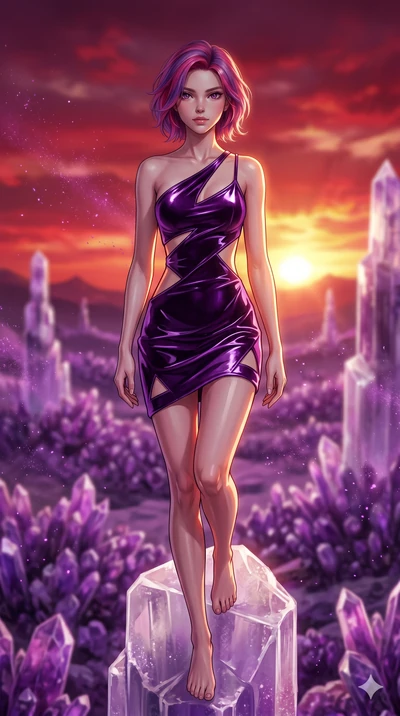 score_9, masterpiece, best quality, ultra-detailed, high-budget anime keyframe, Korean woman. upper body close-up from the thighs up, character filling the screen for maximum presence. standing atop a translucent salt crystal tower in a purple crysta