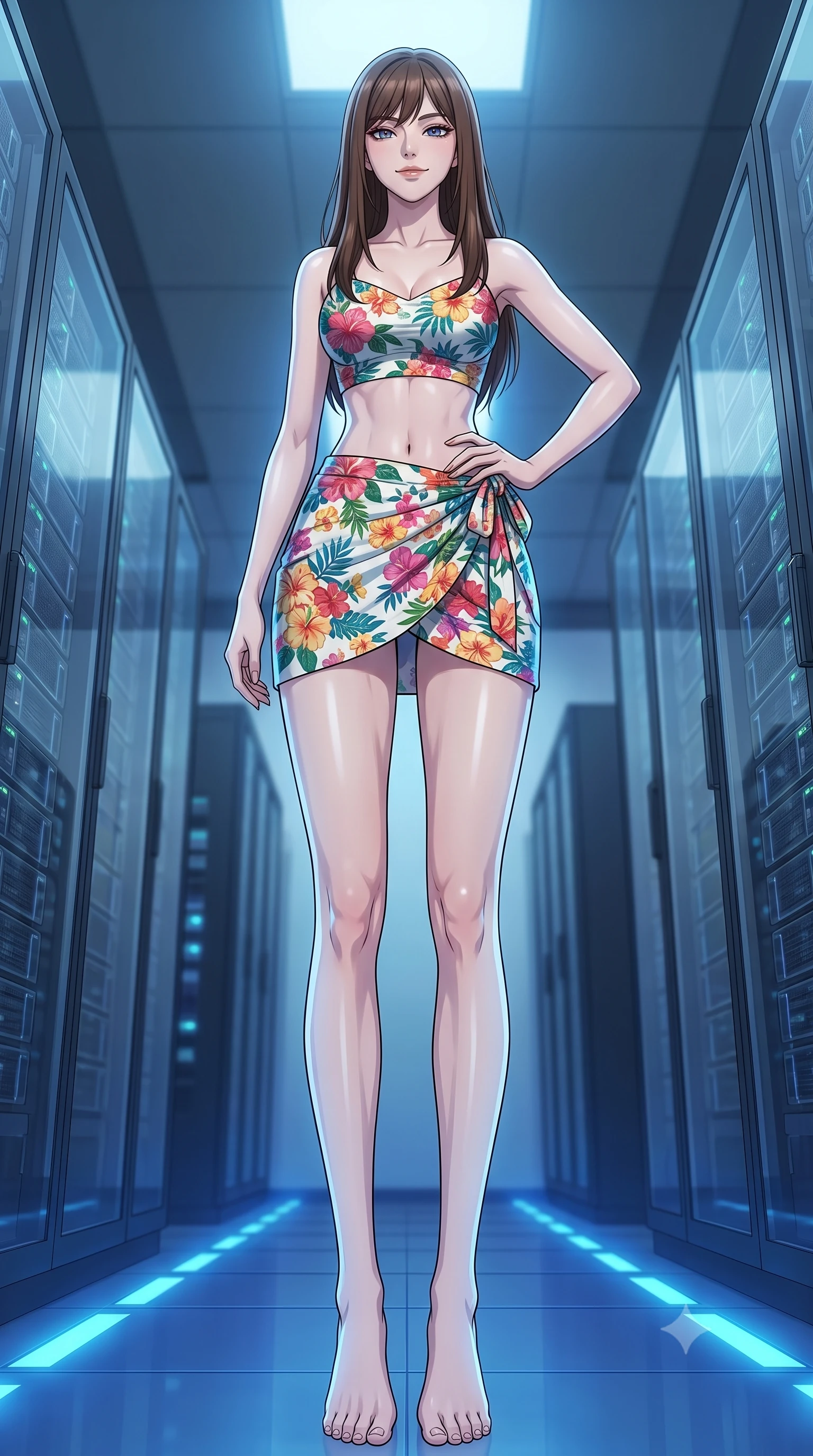 score_9, masterpiece, best quality, ultra-detailed, high-budget anime keyframe, tasteful artistic composition, Korean woman. low angle full-body shot from head to toe showing her feet, filling the entire 9:16 vertical frame with her statuesque presence, stretching her vertical silhouette. posing confidently with one hand on her hip, stretching her statuesque body to emphasize her curves the background shows a soft-focus a secret database archives room with pulsing blue floor lights and glass servers. She has an absolutely perfect, statuesque 8.5-heads proportion, an exceptionally tall and slender model-like female figure with impossibly long slender legs and an ultra-slim waist. sharp v-shaped jawline, high-bridge nose, intricate jewel-like eyes with depth, thick eyelashes, glossy lips with a natural sheen. wearing a body-hugging summer vacation crop top and wrap skirt set in floral print cotton, showing her slim waist. soft blue uplighting reflecting off her polished silhouette. highly saturated vibrant anime colors, cel-shading, 2d style, master piece, 9:16 ratio