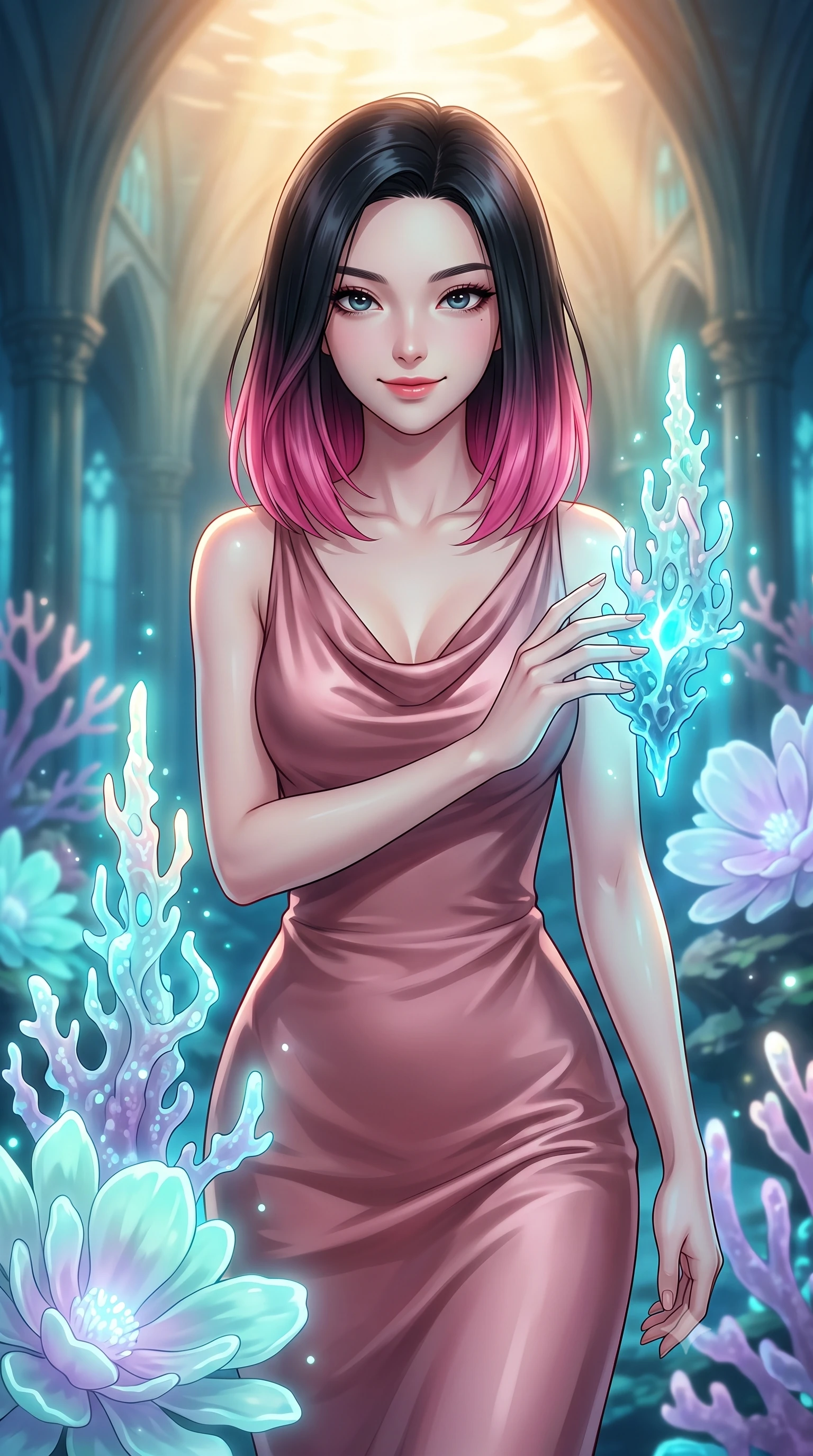 score_9, masterpiece, best quality, ultra-detailed, high-budget anime keyframe, editorial fashion photography, tasteful artistic composition, Korean woman. close-up cowboy shot from the waist and thighs up, the character dominates the composition, filling the frame with her large presence, background elements kept in soft focus. Smiling with quiet, magnetic self-assurance directly into the lens touching a bioluminescent coral spire in a sun-drenched underwater cathedral, glowing coral blossoms emitting soft aqua and lavender light. She has an exceptionally elegant, slender, and willowy female figure with an ultra-slim waist, a gracefully sculpted slender torso, and a refined silhouette. sharp v-shaped jawline, high-bridge nose, intricate jewel-like eyes with depth, thick eyelashes, glossy lips with a natural sheen. wearing an elegant cowl-neck satin midi dress in dusty rose with a graceful draped neckline, the elegant draped fit framing her graceful clavicle and slender torso. illuminated by luminous aqua bioluminescence and warm golden top lighting. highly saturated vibrant anime colors, detailed shading with soft gradients, rich glossy textures, high-contrast stereoscopic depth, volumetric dynamic lighting, master piece, 9:16 ratio