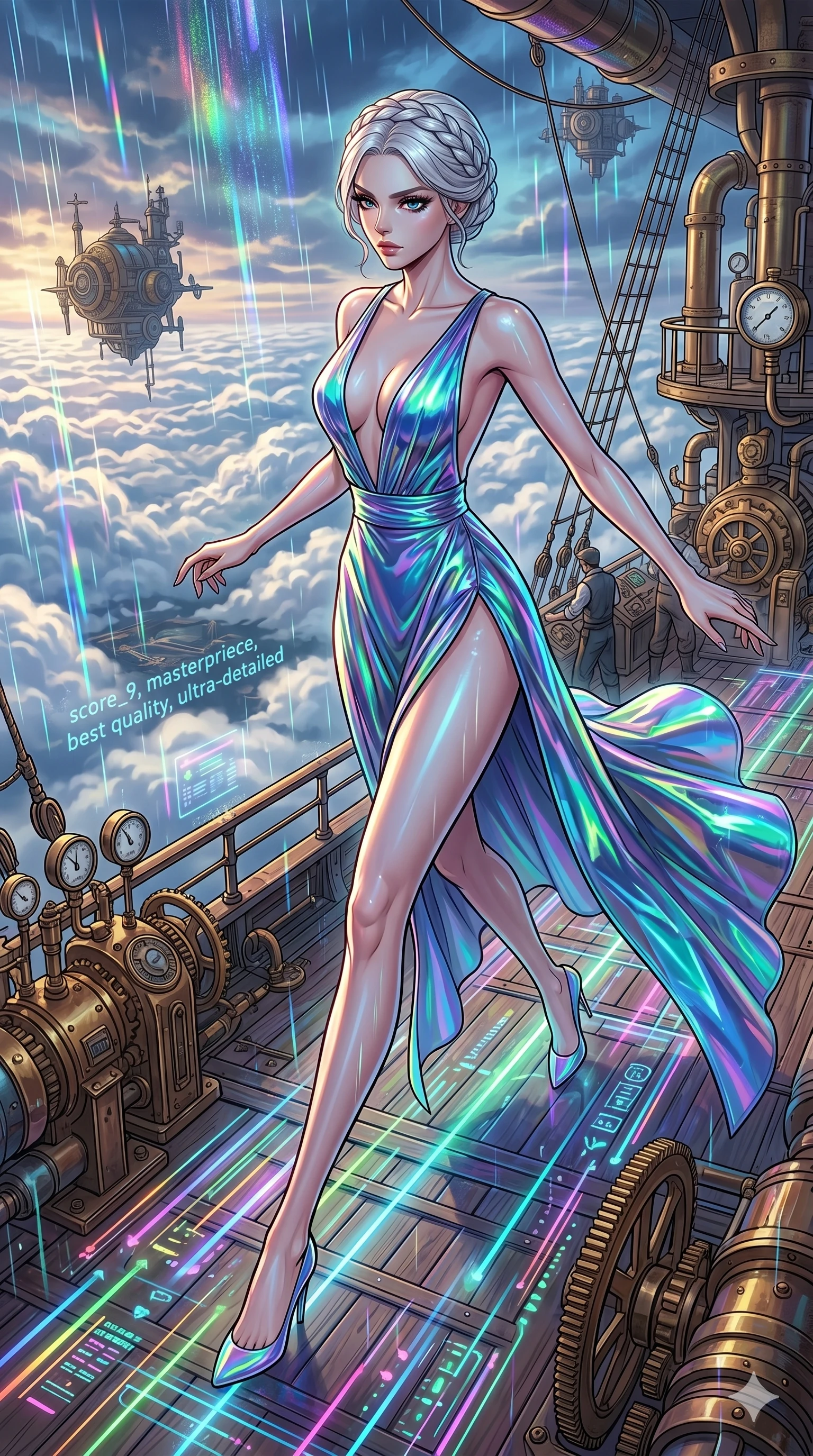 score_9, masterpiece, best quality, ultra-detailed, high-budget anime movie keyframe, cinematic anime lighting, intricate line art, Korean woman. Dynamic full-body shot stretching the vertical silhouette across the 9:16 frame. navigating a sea of clouds in a steampunk airship deck with holographic rain. She has an absolutely perfect 8-heads proportion, an exceptionally tall and slender female figure with an ultra-slim waist and impossibly long slender legs. sharp v-shaped jawline, high-bridge nose, intricate jewel-like eyes, thick eyelashes, glossy lips. Wearing avant-garde high-fashion gown made of iridescent vinyl with a dangerously high side slit and a plunging neckline, revealing an ultra-slim waist and long slender legs. The scene is illuminated by dramatic atmospheric lighting and vibrant color palettes. , 2k, ultra detail, master piece, 9:16 ratio