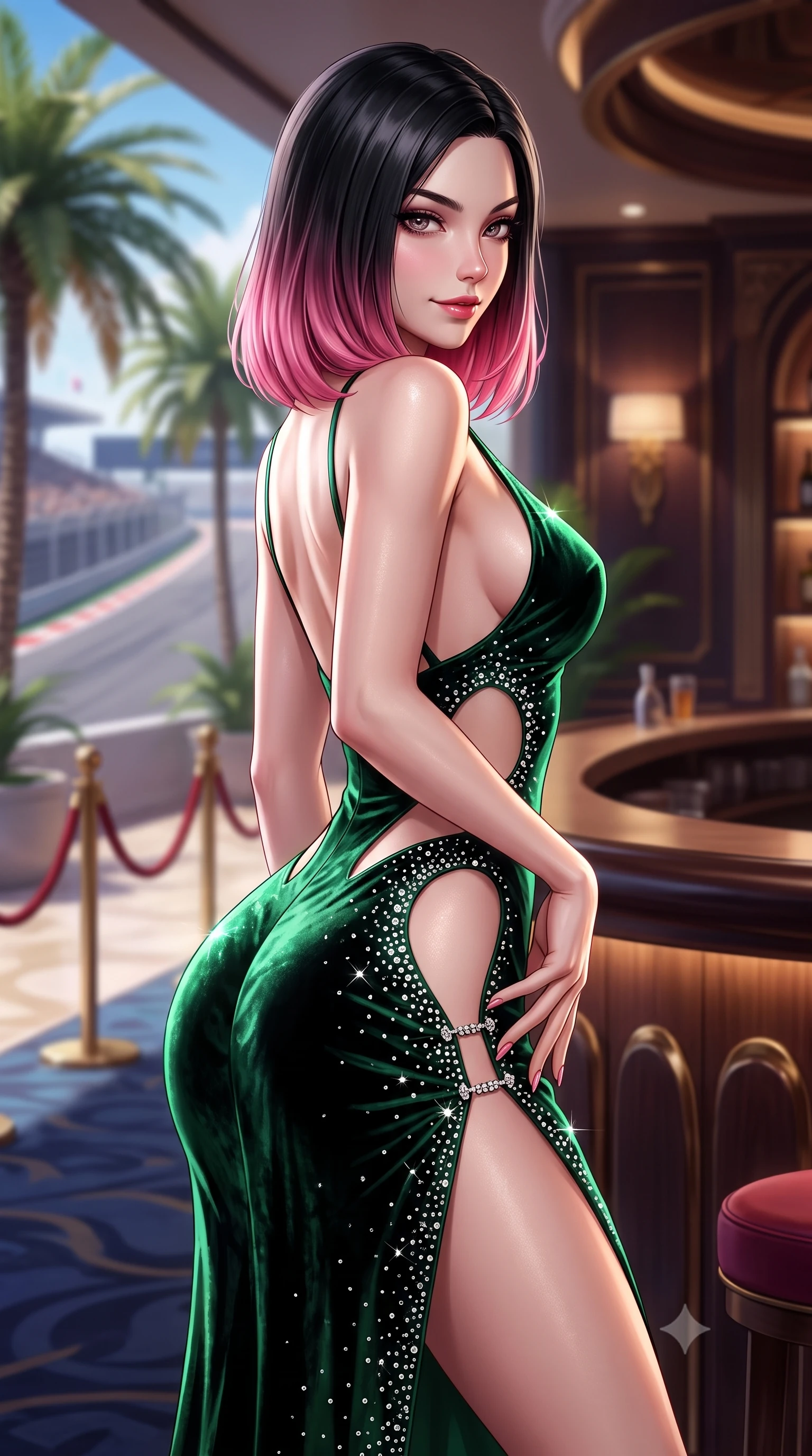 score_9, masterpiece, best quality, ultra-detailed, high-budget anime keyframe, semi-realistic 3D game render, editorial fashion photography, tasteful artistic composition, Korean woman. close-up cowboy shot from the waist and thighs up, the character dominates the composition, filling the frame with her large presence. resting one manicured hand delicately on her hip bone, her upper body turning in a fluid, seductive S-curve while parted lips glisten in the light while twisting her slender torso in a deep contrapposto stance beside the private casino bar, glancing over her shoulder with an audacious, teasing smirk. The composition keeps background elements in soft focus with creamy bokeh. grand prix circuit barriers and terrace palm trees softened in glamorous shallow focus. She has an exceptionally elegant, slender, and willowy female figure with an ultra-slim waist, a gracefully sculpted slender torso, toned flat midriff, and rounded feminine hips creating an alluring hourglass silhouette. sharp v-shaped jawline, high-bridge nose, intricate jewel-like eyes with depth, thick eyelashes, glossy parted lips with a natural sheen, intensely captivating and seductive bedroom-eyes expression, flawlessly proportioned anatomical accuracy, strict slender model proportions, natural body alignment, perfectly sculpted long slender limbs, ultra-slim waistline, clean dynamic posture without body distortion. wearing a form-contouring crystal-encrusted evening gown with curved architectural hip cutouts in high-contrast black and crisp casino green, crafted from heavyweight crushed silk velvet with liquid luster, finished with an ultra-high side slit secured by miniature jeweled clasps, the glove-like aerodynamic silhouette tightly following the natural contour of her hips and long slender legs with statuesque precision. surrounded by an elite, intoxicating, and irresistibly glamorous Monte Carlo heiress aura. highly saturated vibrant anime colors, detailed shading with soft gradients, rich glossy textures, high-contrast stereoscopic depth, volumetric dynamic lighting, master piece, 9:16 ratio