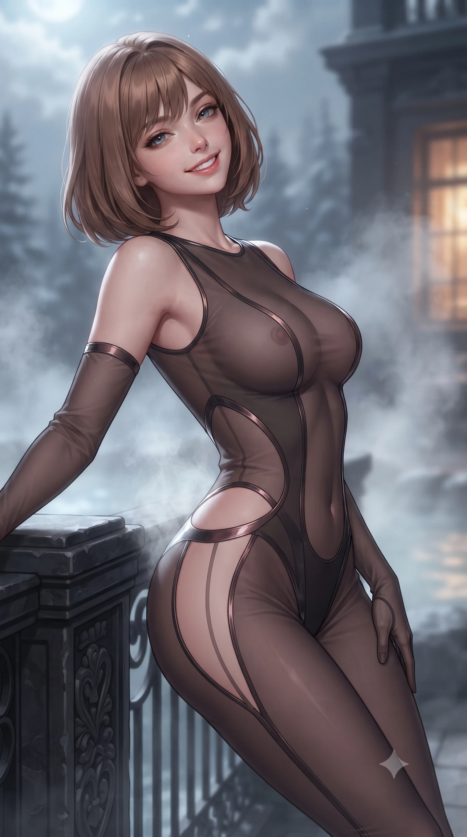 score_9, masterpiece, best quality, ultra-detailed, high-budget anime keyframe, editorial fashion photography, tasteful artistic composition, Caucasian woman. close-up cowboy shot from the waist and thighs up, the character dominates the composition, filling the frame with her large presence. leaning back against the balustrade with relaxed seductive grace, head tilted back slightly while casting a hypnotic, heavy-lidded gaze while twisting her slender torso in an alluring S-curve, rising thermal vapor and moonlight wrapping around her narrow waist and hips. The background shows a soft-focus billowing hot spring steam softened in wild polar retreat shallow focus. She has an exceptionally elegant, slender, and willowy female figure with an ultra-slim waist, flat toned midriff, narrow ribcage, and sculpted feminine hips creating an alluring, slim hourglass silhouette without bulk. sharp v-shaped jawline, high-bridge nose, intricate jewel-like sparkling eyes with depth, thick eyelashes, glossy parted lips with a natural peach sheen, bright cheerful beaming smile with an enchanting and coquettish sensual glint, exuding both youthful cute charm and seductive allure, flawlessly proportioned anatomical accuracy, strict slender model proportions, natural body alignment, perfectly sculpted long slender limbs, ultra-slim waistline, clean dynamic posture without body distortion. wearing an ultra-daring sheer vinyl-trimmed illusion mesh catsuit with strategic translucent cutouts along her hips and torso in sultry copper rose and deep shadow charcoal, made of sheer gossamer chiffon that drapes softly against skin with airy translucence, complemented by sheer opera-length evening gloves tracing her slender arms, the liquid-tight tailored fabric clinging flawlessly to her narrow waist and rounded feminine hips, emphasizing every millimeter of her sculpted slim hourglass curves without any bulky heaviness. bathed in the magical cool silver moonlight filtering through polar clouds mixed with warm incandescent window spill. ultra-reflective glossy finish, specular highlights, rich textural contrasts, high-contrast stereoscopic depth, volumetric dynamic lighting, 2k, ultra detail, master piece, 9:16 ratio
