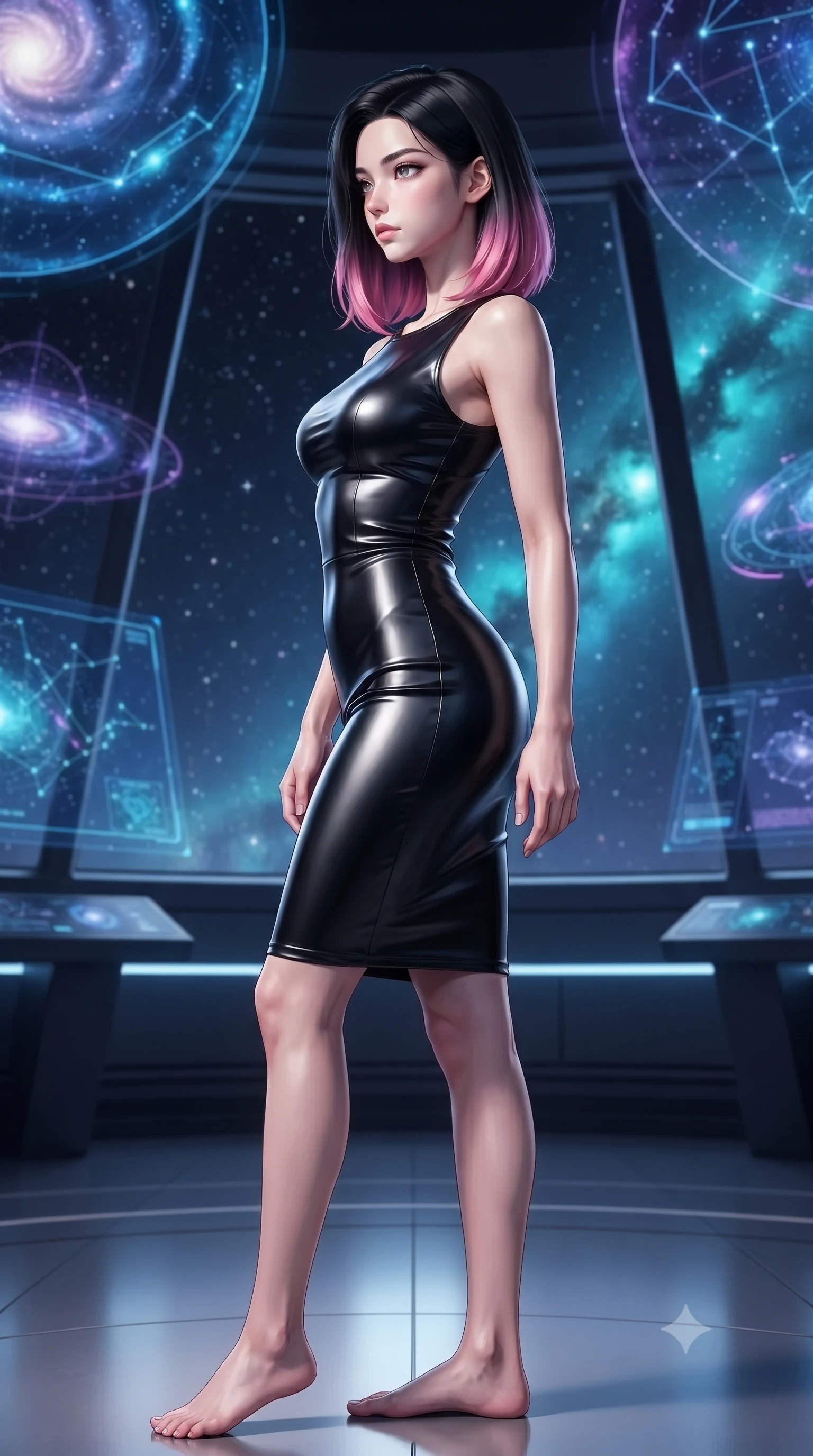 score_9, masterpiece, best quality, ultra-detailed, high-budget anime keyframe, editorial fashion photography, tasteful artistic composition, Korean woman woman. close-up cowboy shot from the waist and thighs up, the character dominates the composition, filling the frame with her large presence, background elements kept in soft focus. She has an exceptionally elegant, slender, and willowy female figure with an ultra-slim waist, a gracefully sculpted slender torso, and a refined silhouette. turning her head in a sharp dramatic profile against the key light, her eyes glowing with calm focus, flawlessly proportioned anatomical accuracy, natural body alignment, perfectly sculpted elegant limbs, clean dynamic posture without body distortion. set against a soft-focus background of a panoramic star observatory deck with floating galaxy maps. wearing a sleek obsidian liquid silk midi dress with a tight tailored waistline. bathed in starlight and cosmic turquoise nebula glow wrapping her athletic build. ultra-reflective glossy finish, specular highlights, metallic sheen, high-contrast stereoscopic depth, volumetric dynamic lighting, 2k, ultra detail, master piece, 9:16 ratio