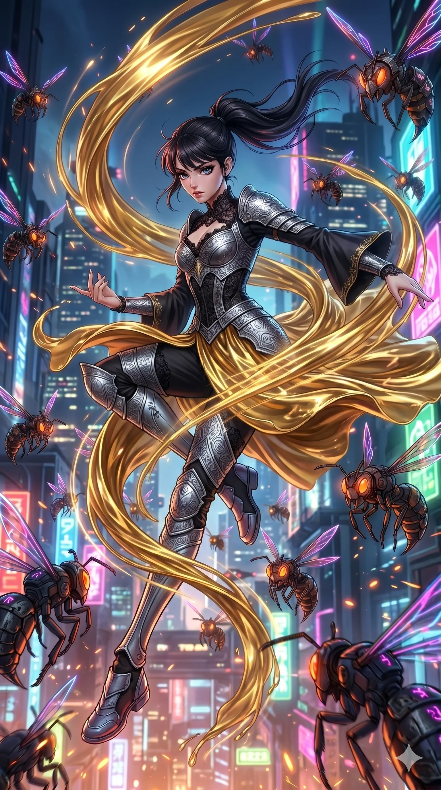 score_9, masterpiece, best quality, ultra-detailed, semi-realistic 3D game render, high-fidelity textures, Unreal Engine 5 style, Caucasian (strictly human ears) woman. Mid-air action shot capturing a graceful twist and vertical silhouette. spinning in a dress made of liquid gold that flows with her motion. She has an absolutely perfect 8-heads proportion, an exceptionally tall and slender female figure with an ultra-slim waist and impossibly long slender legs. strictly human anatomy, two legs only, no extra limbs, clearly defined legs and arms, perfect anatomy, perfect hands and fingers. sharp v-shaped jawline, high-bridge nose, intricate jewel-like eyes, thick eyelashes, glossy lips. Wearing Dark Fantasy: Gothic lace corset gown, bell-sleeved sorceress robes, and engraved silver plate armor over silk. The scene is illuminated by dramatic atmospheric lighting and vibrant color palettes. , 2k, ultra detail, master piece, 9:16 ratio