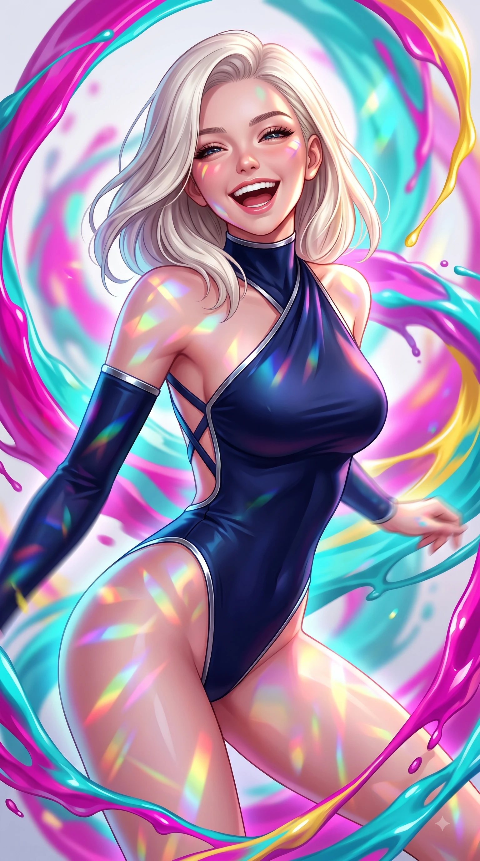 score_9, masterpiece, best quality, ultra-detailed, high-budget anime keyframe, editorial fashion photography, tasteful artistic composition, Caucasian woman. close-up cowboy shot from the waist and thighs up, the character dominates the composition, filling the frame with her large presence, background elements kept in soft focus. Joyful laughing expression filled with genuine happiness and warmth, leaning forward with cheerful energy while spinning joyfully amidst swirling ribbons of magenta, turquoise, and yellow liquid acrylic paint, a kaleidoscope of refractions forming colorful geometric light patterns on her skin. She has an exceptionally elegant, slender, and willowy female figure with an ultra-slim waist, a gracefully sculpted slender torso, and a refined silhouette. sharp v-shaped jawline, high-bridge nose, intricate jewel-like eyes with depth, thick eyelashes, glossy lips with a natural sheen, flawlessly proportioned anatomical accuracy, natural body alignment, perfectly sculpted elegant limbs, clean dynamic posture without body distortion. wearing an asymmetrical high-cut tech-bodysuit with detached sleeves in midnight navy blue and chrome trim, formed from sleek second-skin neoprene, complemented by criss-cross back straps highlighting her bare shoulders, the elegant draped fit framing her graceful clavicle and slender torso. surrounded by a radiant glow of magenta, aqua, and golden fluid highlights. highly saturated vibrant anime colors, detailed shading with soft gradients, rich glossy textures, high-contrast stereoscopic depth, volumetric dynamic lighting, master piece, 9:16 ratio