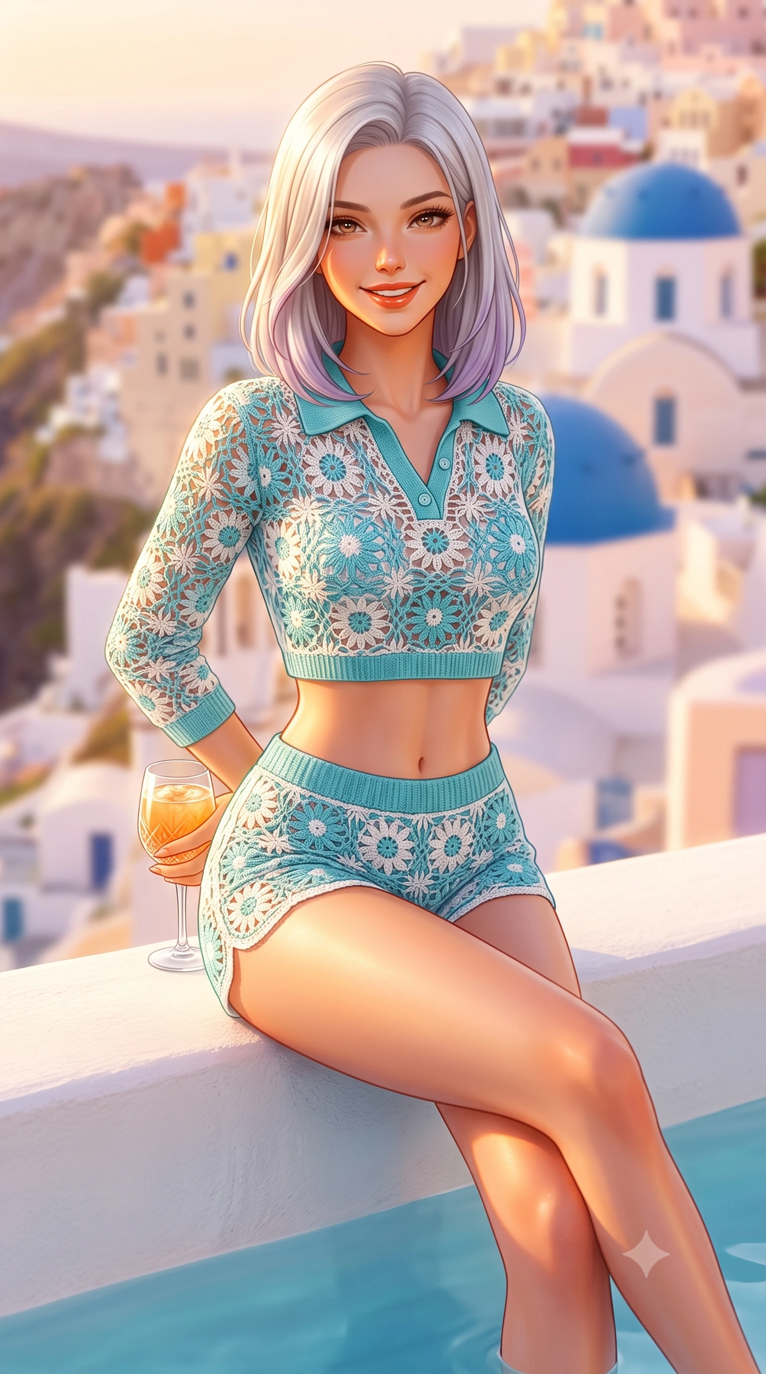 score_9, masterpiece, best quality, ultra-detailed, high-budget anime keyframe, semi-realistic 3D game render, editorial fashion photography, tasteful artistic composition, Caucasian woman. close-up cowboy shot from the waist and thighs up, the character dominates the composition, filling the frame with her large presence. resting both hands lightly behind her back while leaning toward the lens with a cheerful, teasing grin, her form-fitting outfit hugging her narrow waist and feminine hip curve while resting on the whitewashed pool ledge with legs crossed, holding an iced bellini while casting a teasing, confident gaze into the camera. The composition keeps background elements in soft focus with dreamy creamy bokeh. cascading whitewashed cliffside cave houses and distant blue church domes blurred into pastel peach, lavender, and champagne bokeh. She has an exceptionally elegant, slender, and willowy female figure with an ultra-slim waist, flat toned midriff, narrow ribcage, and sculpted feminine hips creating an alluring, slim hourglass silhouette without bulk. sharp v-shaped jawline, high-bridge nose, sparkling amber-hazel eyes with depth, long lush eyelashes, glossy sun-kissed lips with a warm coral glaze, radiant teasing smile with sensual sunlit bedroom-eyes, exuding effortless old-money elegance and intoxicating sun-drenched allure, flawlessly proportioned anatomical accuracy, strict slender model proportions, natural body alignment, perfectly sculpted long slender limbs, ultra-slim waistline, clean dynamic posture without body distortion. wearing a chic cropped knit polo sweater paired with high-cut tailored tennis shorts hugging her rounded hips in refreshing Aegean turquoise and crisp sea-salt white, crafted from sheer delicate crochet lace with intricate bohemian floral motifs, featuring elegant flutter sleeves and a graceful square neckline, the form-fitting cut adhering flawlessly to her sculpted flat midriff and slender torso, emphasizing her long leg lines and perfectly proportioned willowy build. bathed in intense, glowing Mediterranean golden hour sunlight that bathes every surface in warm amber and gold. highly saturated vibrant anime colors, detailed shading with soft gradients, rich glossy textures, high-contrast stereoscopic depth, volumetric dynamic lighting, master piece, 9:16 ratio