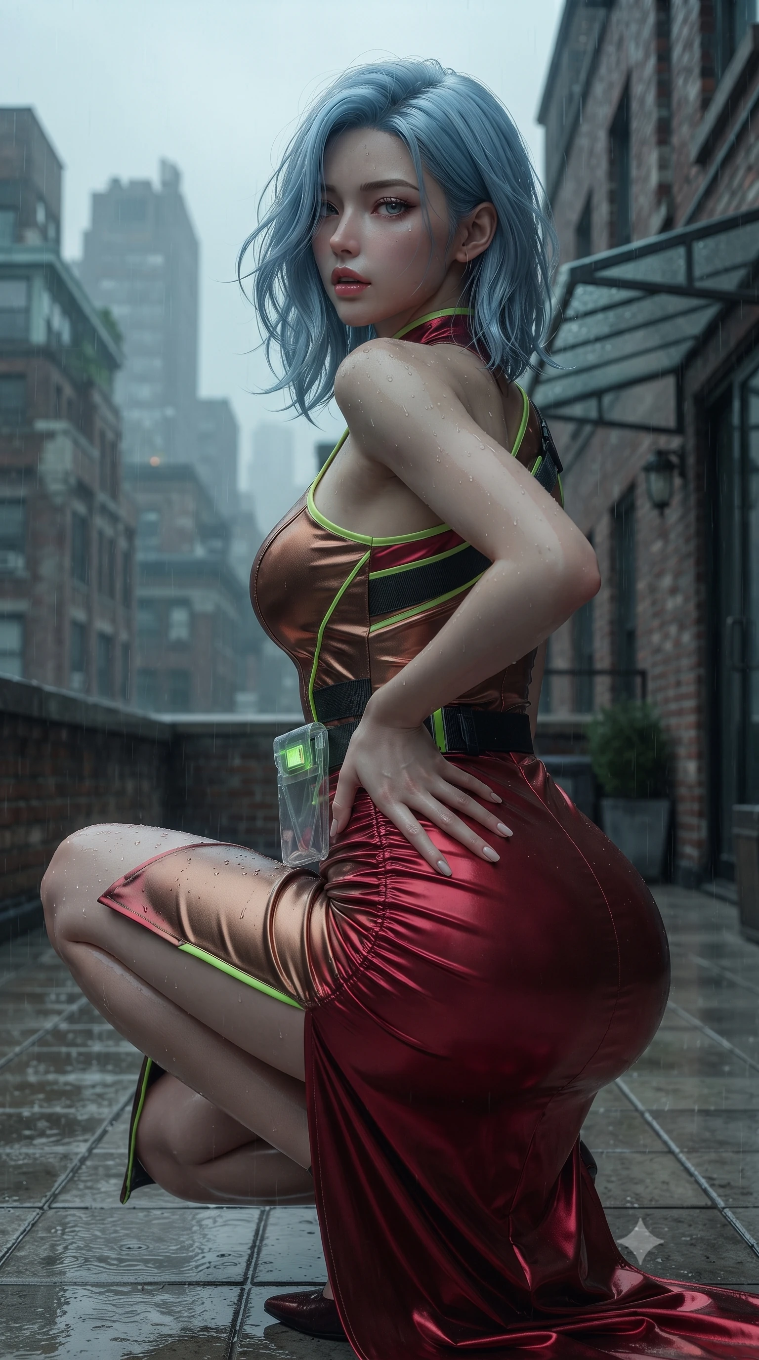 score_9, masterpiece, best quality, ultra-detailed, high-budget anime keyframe, editorial fashion photography, tasteful artistic composition, Korean woman. close-up cowboy shot from the waist and thighs up, the character dominates the composition, filling the frame with her large presence. resting one manicured hand delicately on her hip bone, her upper body turning in a fluid, seductive S-curve while parted lips glisten in the light while crouching low on the wet tiled rooftop terrace with back turned slightly to the lens, glancing back with smoldering bedroom-eyes and parted lips. The composition keeps background elements in soft focus with creamy bokeh. rain-streaked glass awnings and weathered brick penthouse facades softened in moody cinematic focus. She has an exceptionally elegant, slender, and willowy female figure with an ultra-slim waist, a gracefully sculpted slender torso, toned flat midriff, and rounded feminine hips creating an alluring hourglass silhouette. sharp v-shaped jawline, high-bridge nose, intricate jewel-like eyes with depth, thick eyelashes, glossy parted lips with a natural sheen, intensely captivating and seductive bedroom-eyes expression, flawlessly proportioned anatomical accuracy, strict slender model proportions, natural body alignment, perfectly sculpted long slender limbs, ultra-slim waistline, clean dynamic posture without body distortion. wearing an asymmetric one-shoulder metallic qipao gown with neon green accents and hip-defining ruching in rich crimson silk and liquid bronze, crafted from flexible reflective spandex and tactical webbing, finished with a neon LED belt buckle and translucent vinyl tool pouch, the liquid-tight tailored fabric clinging flawlessly to her narrow waist and rounded feminine hips, emphasizing every millimeter of her sculpted hourglass curves during movement. surrounded by an enigmatic, sultry, and breathtakingly hypnotic cyber-femme fatale aura. ultra-reflective glossy finish, specular highlights, rich textural contrasts, high-contrast stereoscopic depth, volumetric dynamic lighting, 2k, ultra detail, master piece, 9:16 ratio