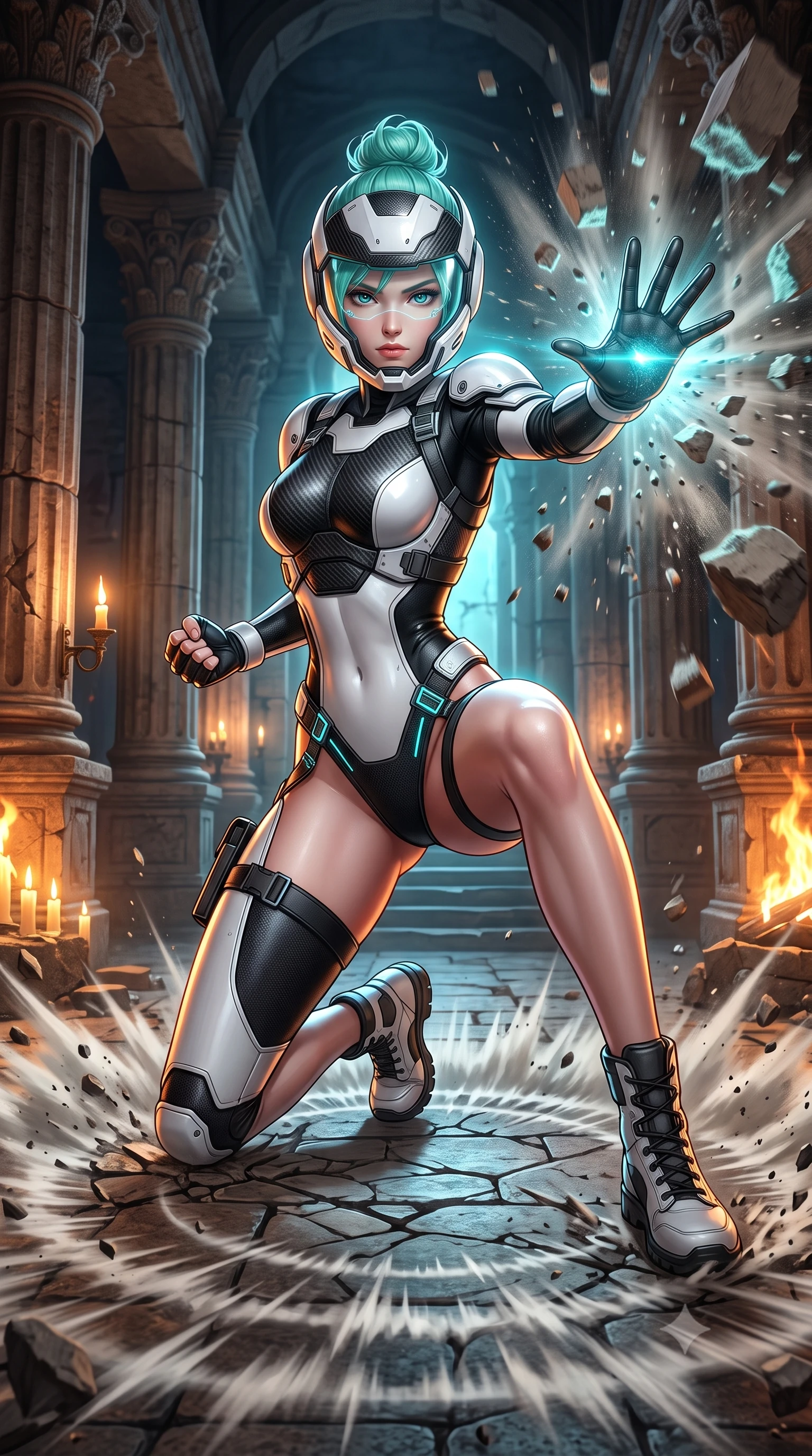 score_9, masterpiece, best quality, ultra-detailed, high-budget anime keyframe, semi-realistic 3D game render, editorial fashion photography, tasteful artistic composition, Japanese woman. low angle full-body shot from head to toe showing her feet, filling the entire 9:16 vertical frame with her statuesque presence, stretching her vertical silhouette. landing gracefully from a high-altitude leap on one knee and palm, her statuesque silhouette framed by radial shockwave ripples in the ground while delivering a supersonic kinetic palm strike that shatters falling masonry in a radial blast of air and dust. The surrounding environment is rendered in vivid detail and crisp panoramic clarity. transcendent chiaroscuro contrast between sacred ruin architecture and glowing combat energy in precision. She has an absolutely perfect, statuesque 8.5-heads proportion, an exceptionally tall and slender model-like female figure with impossibly long slender legs, a toned flat midriff, and an ultra-slim waist. sharp v-shaped jawline, high-bridge nose, intricate jewel-like eyes with depth, thick eyelashes, glossy lips with a natural sheen, fierce and resolute heroine expression, flawlessly proportioned anatomical accuracy, strict slender model proportions, natural body alignment, perfectly sculpted long slender limbs, ultra-slim waistline, clean dynamic posture without body distortion. wearing an open-face aerodynamic carbon-fiber combat helmet with a retracted transparent holographic HUD visor framing her sharp jawline and jewel-like eyes, paired with a heavy modular carbon-fiber combat cuirass paired with a second-skin tactical leotard and reinforced titanium shoulder pauldrons in monochrome white enamel carbon with high-contrast black tactical panels, made of liquid carbon-jersey fabric accentuating every curve of her tall, slender model proportions, reinforced by a heavy-duty titanium tactical harness and glowing micro-energy status straps, the liquid-tight tailored fabric emphasizing every curve of her tall, slender model proportions and sculptured silhouette during dynamic movement. bathed in flickering candlelight and blazing fires with cool cyan kinetic energy backlighting. rich saturated anime colors with glowing neon highlights, detailed shading with soft gradients, rich glossy textures, high-contrast stereoscopic depth, volumetric dynamic lighting, master piece, 9:16 ratio