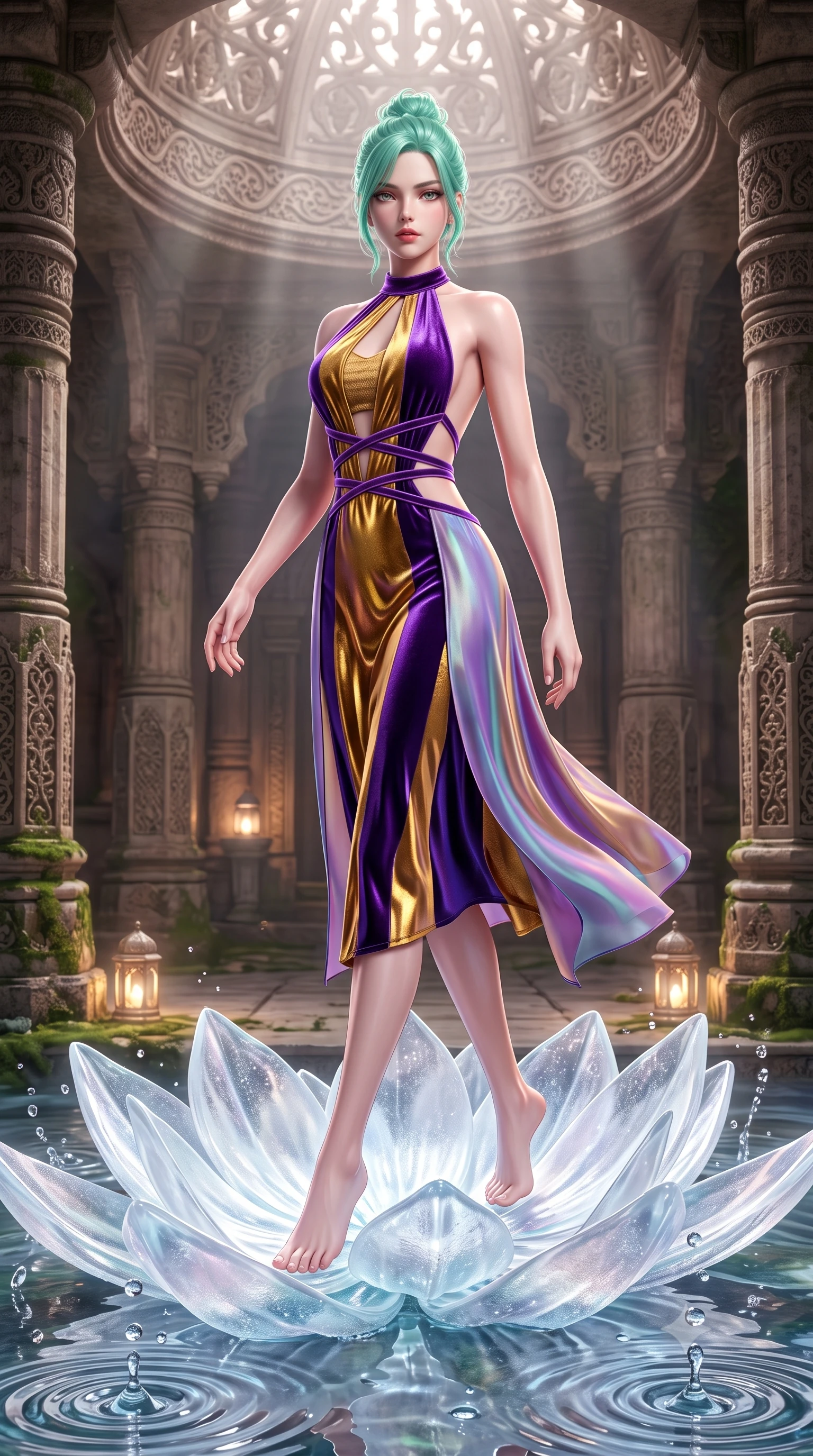score_9, masterpiece, best quality, ultra-detailed, high-budget anime keyframe, semi-realistic 3D game render, editorial fashion photography, tasteful artistic composition, Japanese woman. low angle full-body shot from head to toe showing her feet, filling the entire 9:16 vertical frame with her statuesque presence, stretching her vertical silhouette. striding forward in a proud, statuesque motion with a dangerous smolder, her vertical silhouette dominating the frame from head to toe while pivoting dynamically atop a luminous crystalline flower as water droplets splash in slow motion. The surrounding environment is rendered in vivid detail and crisp panoramic clarity. intricate frosted glass petal textures, water droplet ripples, and glowing floral stamens in deep focus. She has an absolutely perfect, statuesque 8.5-heads proportion, an exceptionally tall and slender model-like female figure with impossibly long slender legs and an ultra-slim waist. sharp v-shaped jawline, high-bridge nose, intricate jewel-like eyes with depth, thick eyelashes, glossy lips with a natural sheen, flawlessly proportioned anatomical accuracy, natural body alignment, perfectly sculpted elegant limbs, clean dynamic posture without body distortion. wearing a velvet halter-neck midi dress fitting her statuesque contour flawlessly with a Tasteful chest slit and open spine in lustrous molten gold and pure deep violet, made of smooth iridescent silk chiffon that shifts colors with movement, complemented by criss-cross back straps highlighting her completely bare spine, the daring cutouts accentuating her delicate midriff, graceful collarbones, and feminine contour. surrounded by an ethereal, sacred, and intensely seductive temple ambiance. highly saturated vibrant anime colors, detailed shading with soft gradients, rich glossy textures, high-contrast stereoscopic depth, volumetric dynamic lighting, master piece, 9:16 ratio