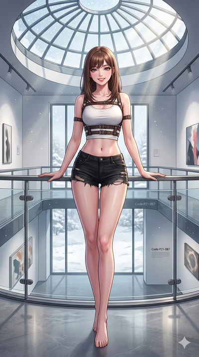 score_9, masterpiece, best quality, ultra-detailed, high-budget anime keyframe, vibrant anime aesthetic, Korean woman. cowboy shot from the thighs up, character and outfit filling the frame for maximum presence. She is standing on the deck balcony, l