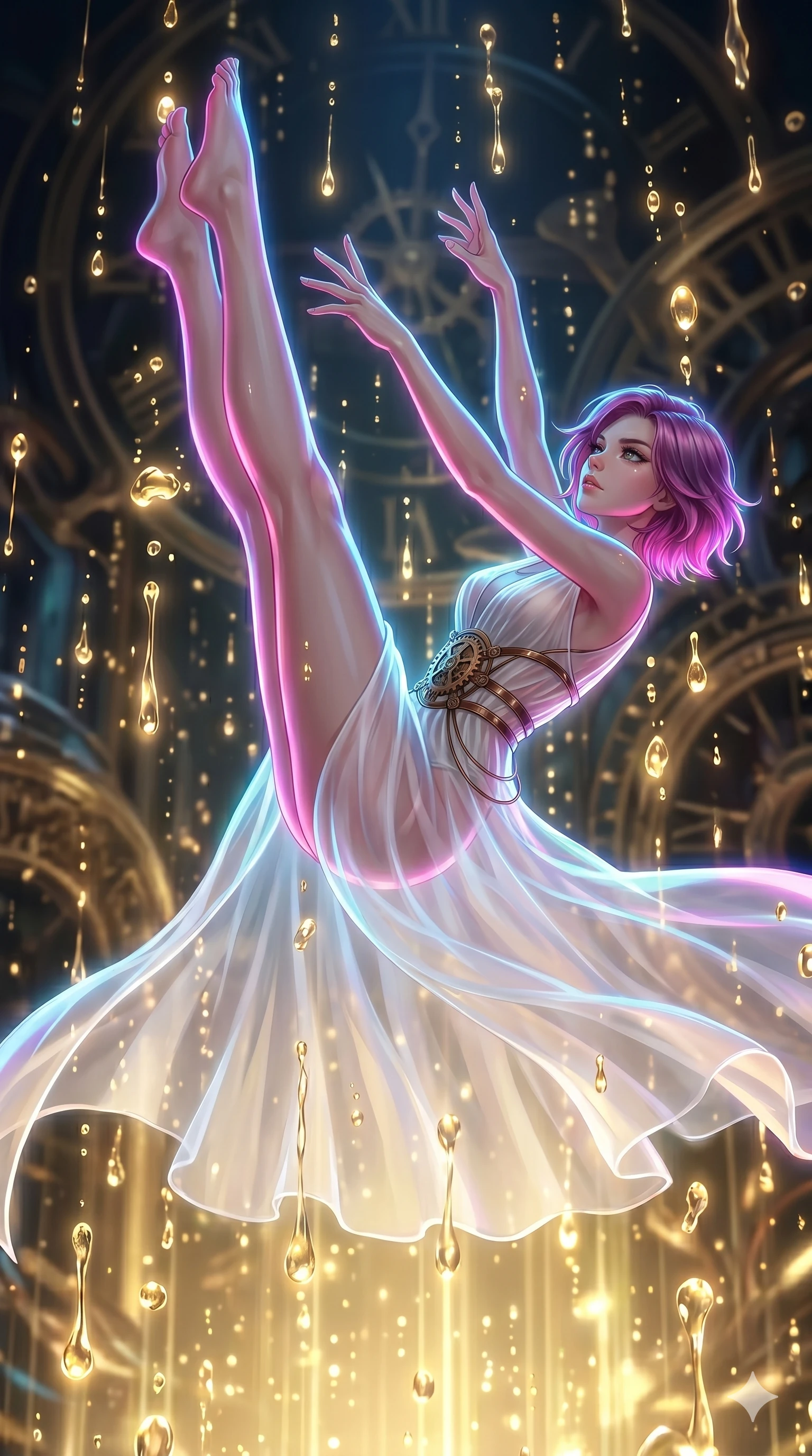 score_9, masterpiece, best quality, ultra-detailed, high-budget anime keyframe, Japanese woman. upper body close-up from the thighs up, character filling the screen for maximum presence. dodging ethereal liquid gold rain that rises upward from the ground in warm shimmering droplets under an inverted gravity field. She has an absolutely perfect 8-heads proportion, an exceptionally tall and slender female figure with impossibly long slender legs and an ultra-slim waist. V-shaped jawline, high-bridge nose, intricate jewel-like eyes with depth, thick eyelashes, glossy lips with a natural sheen.. wearing a chrono-gear wire harness couture, featuring micro-bronze gear wire harness cinching her waist, over a sheer white organza dress. bathed in brilliant cinematic volumetric lighting and intense neon rim light highlighting her slender form. 2k, ultra detail, master piece, 9:16 ratio