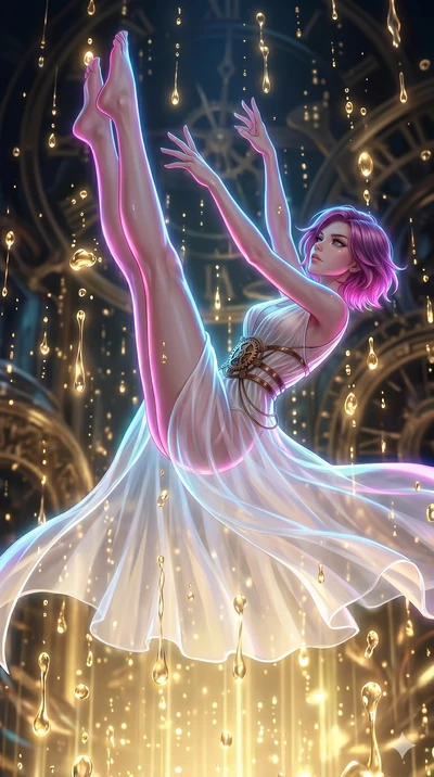 score_9, masterpiece, best quality, ultra-detailed, high-budget anime keyframe, Japanese woman. upper body close-up from the thighs up, character filling the screen for maximum presence. dodging ethereal liquid gold rain that rises upward from the gr
