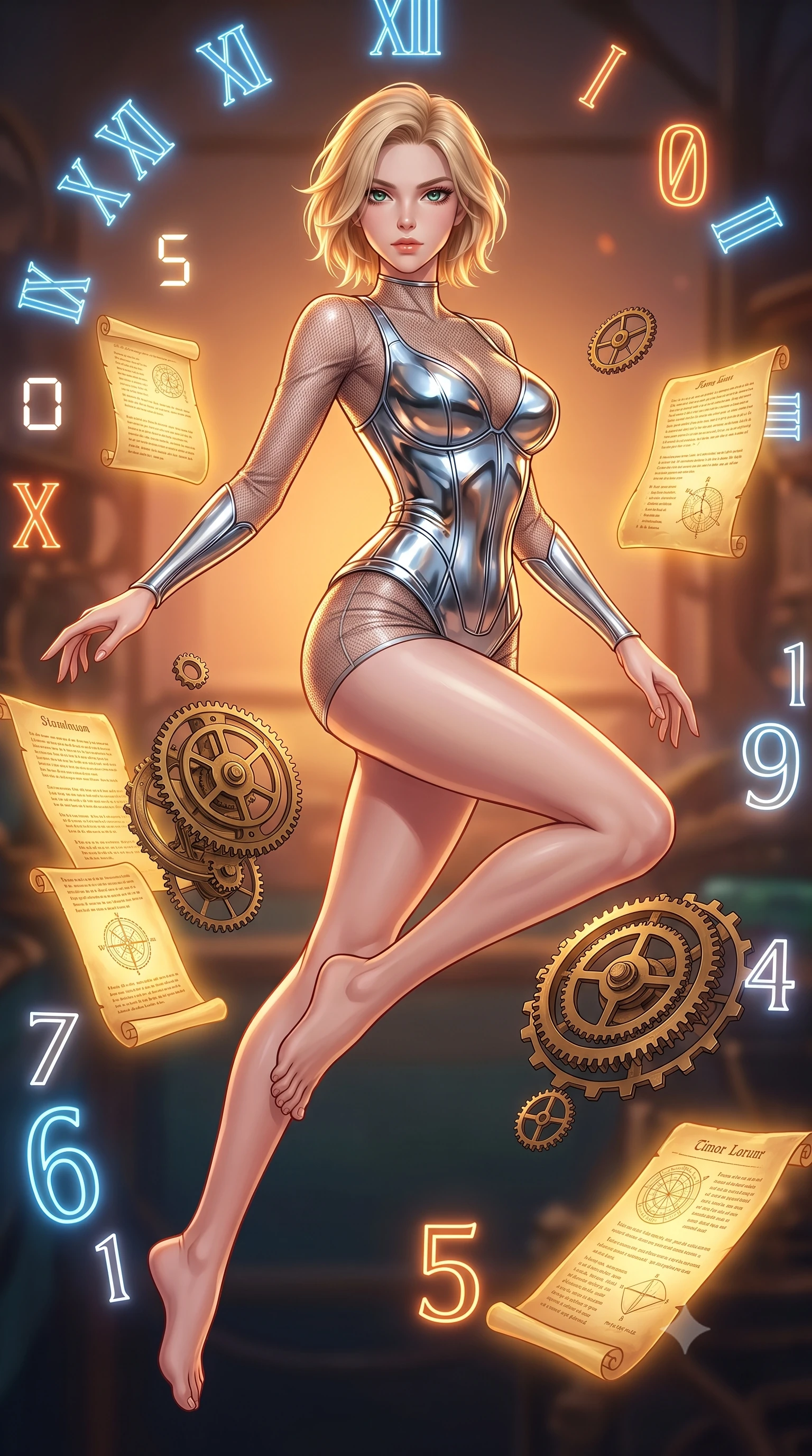 score_9, masterpiece, best quality, ultra-detailed, high-budget anime keyframe, editorial fashion photography, tasteful artistic composition, Caucasian woman. low angle full-body shot from head to toe showing her feet, filling the entire 9:16 vertical frame with her statuesque presence, stretching her vertical silhouette. leaping gracefully through the environment with statuesque elegance and long slender legs surrounded by floating antique brass gears and glowing golden parchment scrolls, glowing neon clock numbers floating in the air with vintage elegancy. She has an absolutely perfect, statuesque 8.5-heads proportion, an exceptionally tall and slender model-like female figure with impossibly long slender legs and an ultra-slim waist. sharp v-shaped jawline, high-bridge nose, intricate jewel-like eyes with depth, thick eyelashes, glossy lips with a natural sheen. wearing a metallic chrome-plated structured bodice worn over a sheer mesh-textured top and micro-shorts, the glove-like fit emphasizing her statuesque silhouette. bathed in warm twilight amber backlighting and rich metallic specular glow. highly saturated vibrant anime colors, detailed shading with soft gradients, rich glossy textures, high-contrast stereoscopic depth, volumetric dynamic lighting, master piece, 9:16 ratio