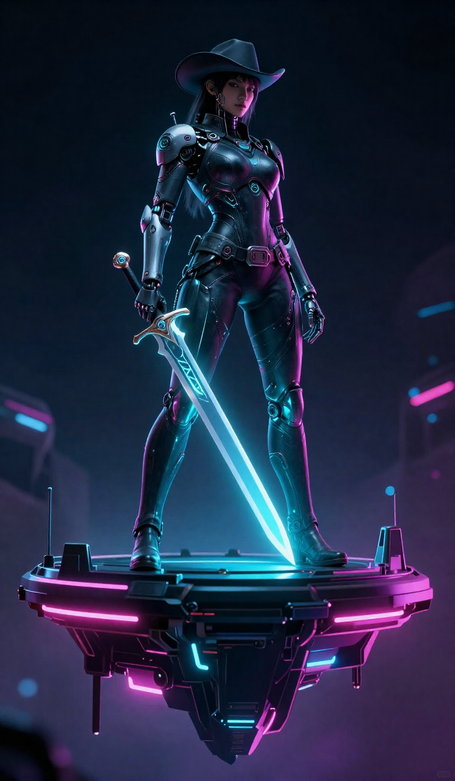 score_9, masterpiece, best quality, ultra-detailed, cyberpunk tech-fantasy aesthetic, holographic accents, dark sci-fi tone, A cybernetic swordswoman standing on a floating neon platform. low angle cowboy shot filling the 9:16 frame, 8-heads proportion, towering silhouette. bioluminescent neon reflections, high-contrast cyan and magenta low-key lighting, sharp focus, master piece, 2k, 9:16 ratio