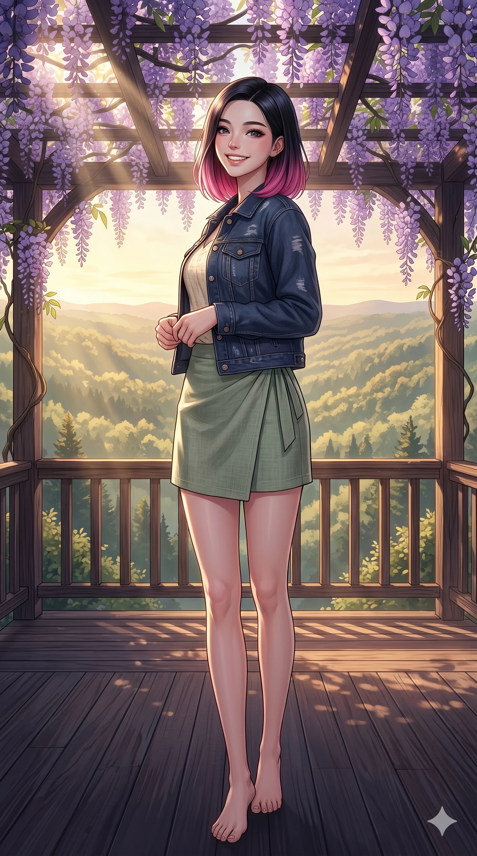 score_9, masterpiece, best quality, ultra-detailed, high-budget anime keyframe, vibrant anime aesthetic, Korean woman. low angle full-body shot from head to toe showing her feet, filling the entire 9:16 vertical frame with her statuesque presence, stretching her vertical silhouette. She is standing tall, looking over her shoulder with a radiant, smiling expression by a quiet mountain resort deck overlooking a sun-swept forest valley (Code-P20-030). She has an absolutely perfect 8-heads proportion, an exceptionally tall and slender female figure with impossibly long slender legs and an ultra-slim waist. V-shaped jawline, high-bridge nose, intricate jewel-like eyes with depth, thick eyelashes, glossy lips with a natural sheen. wearing a modern denim jacket over a linen top and wrap skirt. She is soft gold sunbeams filtered through wisteria vines, creating a mystical and elegant glow. 2k, ultra detail, master piece, 9:16 ratio