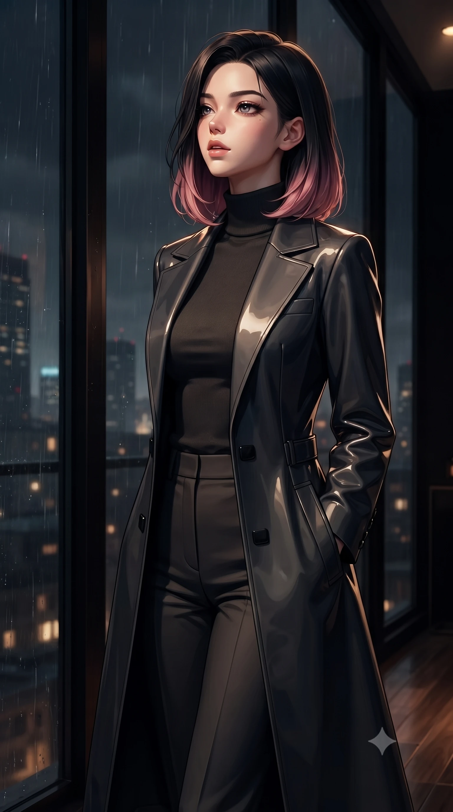 score_9, masterpiece, best quality, ultra-detailed, high-budget anime keyframe, editorial fashion photography, tasteful artistic composition, Korean woman. close-up cowboy shot from the waist and thighs up, the character dominates the composition, filling the frame with her large presence, background elements kept in soft focus. Tilting her chin up slightly with lips parted in a composed, mysterious expression, standing beside a floor-to-ceiling dark glass window looking over a rain-soaked metropolis at 3 AM, rain streak reflections dancing on dark mahogany and glass surfaces. She has an exceptionally elegant, slender, and willowy female figure with an ultra-slim waist, a gracefully sculpted slender torso, and a refined silhouette. sharp v-shaped jawline, high-bridge nose, intricate jewel-like eyes with depth, thick eyelashes, glossy lips with a natural sheen. wearing structured dark leather long coat over turtleneck and tailored slacks in dark charcoal gray, made of high-gloss liquid vinyl, adorned with minimalist black onyx hardware framing the silhouette, following her slender form with tailored precision. bathed in warm amber spotlight against deep pitch-black velvet shadows. highly saturated vibrant anime colors, detailed shading with soft gradients, rich glossy textures, high-contrast stereoscopic depth, volumetric dynamic lighting, master piece, 9:16 ratio