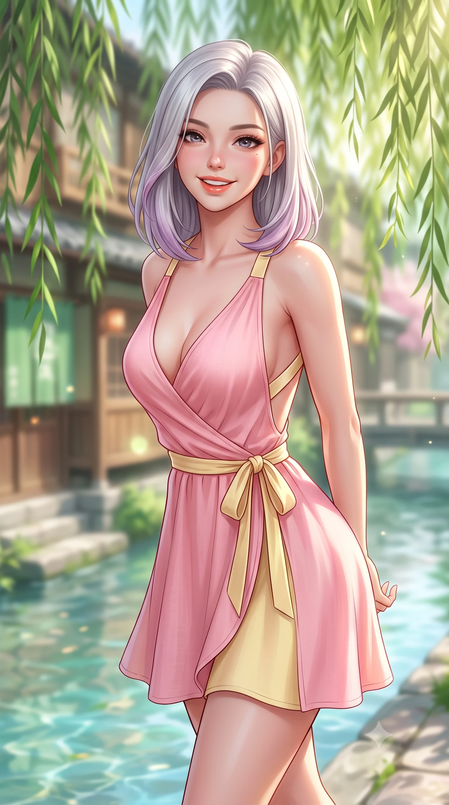 score_9, masterpiece, best quality, ultra-detailed, high-budget anime keyframe, semi-realistic 3D game render, editorial fashion photography, tasteful artistic composition, Caucasian woman. close-up cowboy shot from the waist and thighs up, the character dominates the composition, filling the frame with her large presence. resting both hands lightly behind her back while leaning toward the lens with a cheerful, teasing grin, her form-fitting outfit hugging her narrow waist and feminine hip curve while walking dynamically along the crystal-clear shallow canal, her form-hugging outfit accentuating her narrow waist and curvy hips in the gentle breeze. The composition keeps background elements in soft focus with dreamy creamy bokeh. swaying emerald weeping willow branches and historic wooden teahouse facades blurred into soft jade, amber, and cherry blossom bokeh. She has an exceptionally elegant, slender, and willowy female figure with an ultra-slim waist, flat toned midriff, narrow ribcage, and sculpted feminine hips creating an alluring, slim hourglass silhouette without bulk. sharp v-shaped jawline, high-bridge nose, intricate jewel-like sparkling eyes with depth, thick eyelashes, glossy parted lips with a natural peach sheen, bright cheerful beaming smile with an enchanting and coquettish sensual glint, exuding both youthful cute charm and seductive allure, flawlessly proportioned anatomical accuracy, strict slender model proportions, natural body alignment, perfectly sculpted long slender limbs, ultra-slim waistline, clean dynamic posture without body distortion. wearing a breezy wrap mini dress with a deep V-neckline and tie-waist accentuating her sculpted flat midriff and hips in sweet strawberry milk pink and butter yellow, crafted from soft breathable linen with effortless natural drape, finished with criss-cross back satin straps highlighting her graceful shoulder blades, the precision-cut side openings and low-back scoop framing her graceful spine and the sensual sweep of her slim, toned hips. bathed in soft, sparkling morning sunbeams filtering through willow fronds onto the canal. highly saturated vibrant anime colors, detailed shading with soft gradients, rich glossy textures, high-contrast stereoscopic depth, volumetric dynamic lighting, master piece, 9:16 ratio