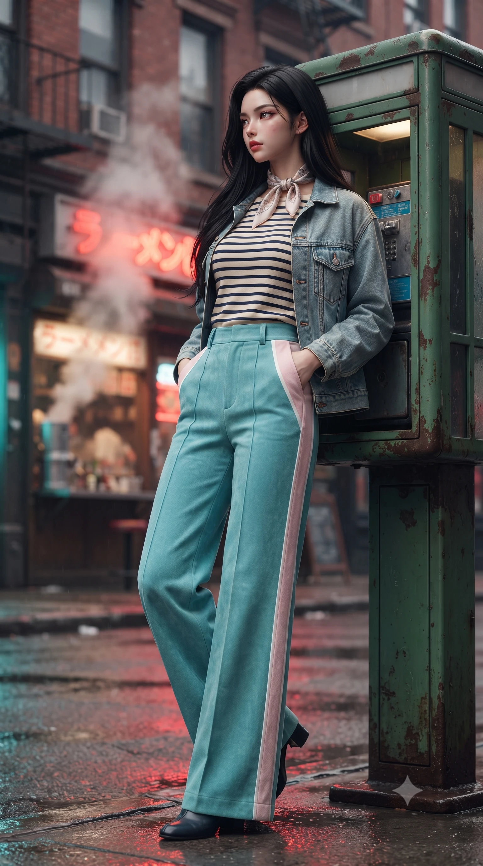 score_9, masterpiece, best quality, ultra-detailed, high-budget anime keyframe, editorial fashion photography, tasteful artistic composition, Korean woman. low angle full-body shot from head to toe showing her feet, filling the entire 9:16 vertical frame with her statuesque presence, stretching her vertical silhouette. executing an elegant mid-motion spin with effortless grace, her garments fluttering softly around her ultra-slim waistline while leaning against a vintage green telephone booth with hands in her jacket pockets, looking back over her shoulder. The composition keeps background elements in soft focus with creamy bokeh. steaming ramen shop vents and classic brick storefronts softened in romantic 35mm shallow focus. She has an absolutely perfect, statuesque 8.5-heads proportion, an exceptionally tall and slender model-like female figure with impossibly long slender legs, a toned flat midriff, and an ultra-slim waist. sharp v-shaped jawline, high-bridge nose, intricate jewel-like eyes with depth, thick eyelashes, glossy lips with a natural sheen, captivating and magnetic expression, flawlessly proportioned anatomical accuracy, strict slender model proportions, natural body alignment, perfectly sculpted long slender limbs, ultra-slim waistline, clean dynamic posture without body distortion. wearing a chic French-girl style boatneck Breton striped top paired with high-rise wide-leg sailor trousers in retro turquoise, baby pink, and white, tailored from velvety soft genuine suede with classic stitched seams, complemented by a delicate silk scarf tied playfully around her neck, the breezy yet form-flattering drape swaying gracefully with her steps, accentuating her long willowy limbs and slim waistline. bathed in rich neon red and cyan streetlamp glow bouncing off wet asphalt surfaces. ultra-reflective glossy finish, specular highlights, rich textural contrasts, high-contrast stereoscopic depth, volumetric dynamic lighting, 2k, ultra detail, master piece, 9:16 ratio
