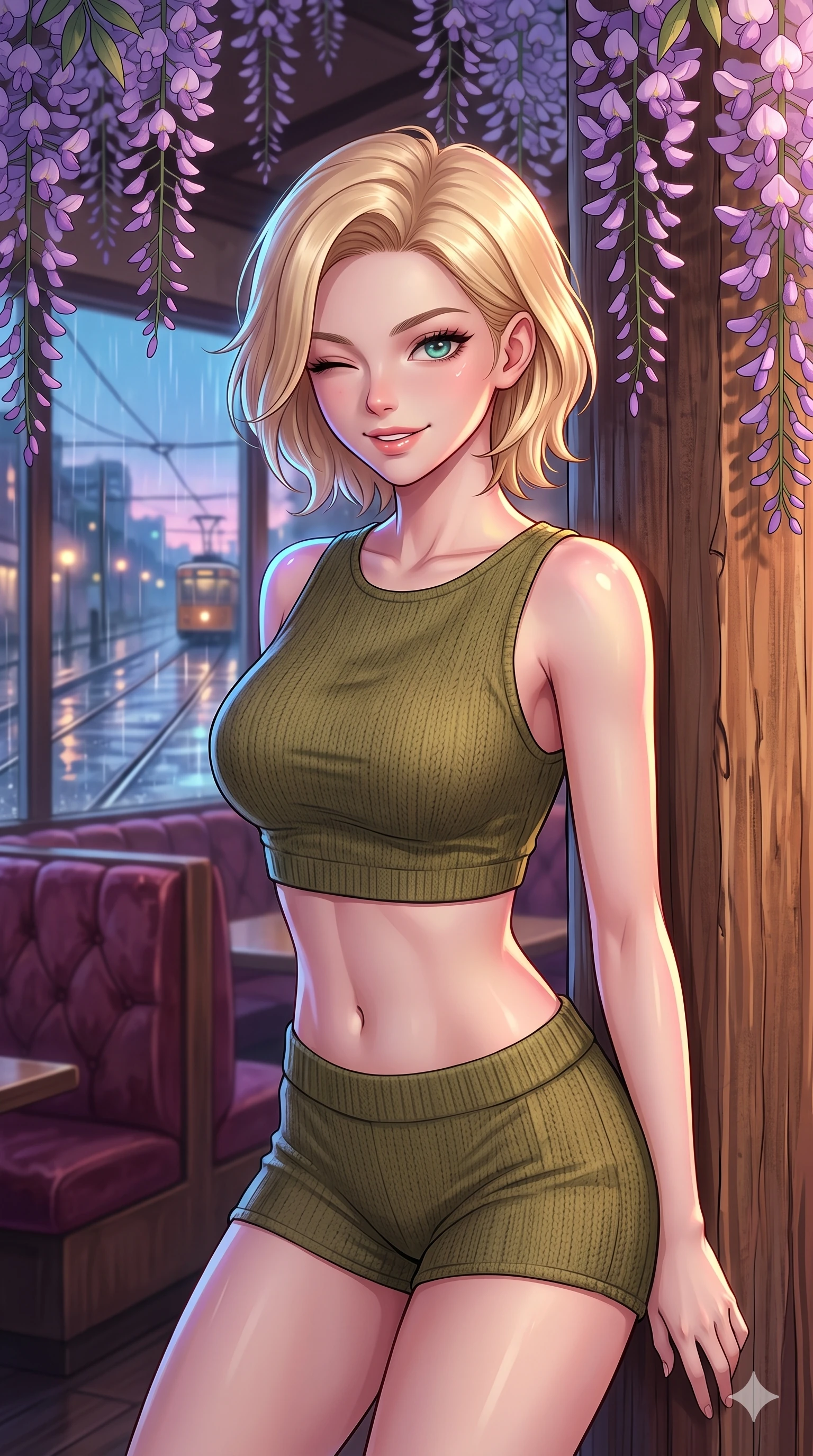 score_9, masterpiece, best quality, ultra-detailed, high-budget anime keyframe, vibrant anime aesthetic, Caucasian woman, strictly human ears. close-up cowboy shot from the waist and thighs up, the character dominates the composition, filling the frame with her large presence, background elements kept in soft focus. She is standing under wisteria vines, winking with a cheerful and lively face, looking directly into the lens leaning against a rustic wooden column. the background shows a soft-focus retro-themed cafe corner with plush velvet booths and a view of rain-slicked tram tracks outside (Code-P22-111). She has an absolutely perfect proportion, an exceptionally elegant and slender female figure with an ultra-slim waist. V-shaped jawline, high-bridge nose, intricate jewel-like eyes with depth, thick eyelashes, glossy lips with a natural sheen. wearing a cropped knit top paired with matching knit shorts in olive green. She is lit by vibrant twilight sky reflections, tracing her shoulders and neckline, outlining her elegant silhouette during the twilight rain. 2k, ultra detail, master piece, 9:16 ratio