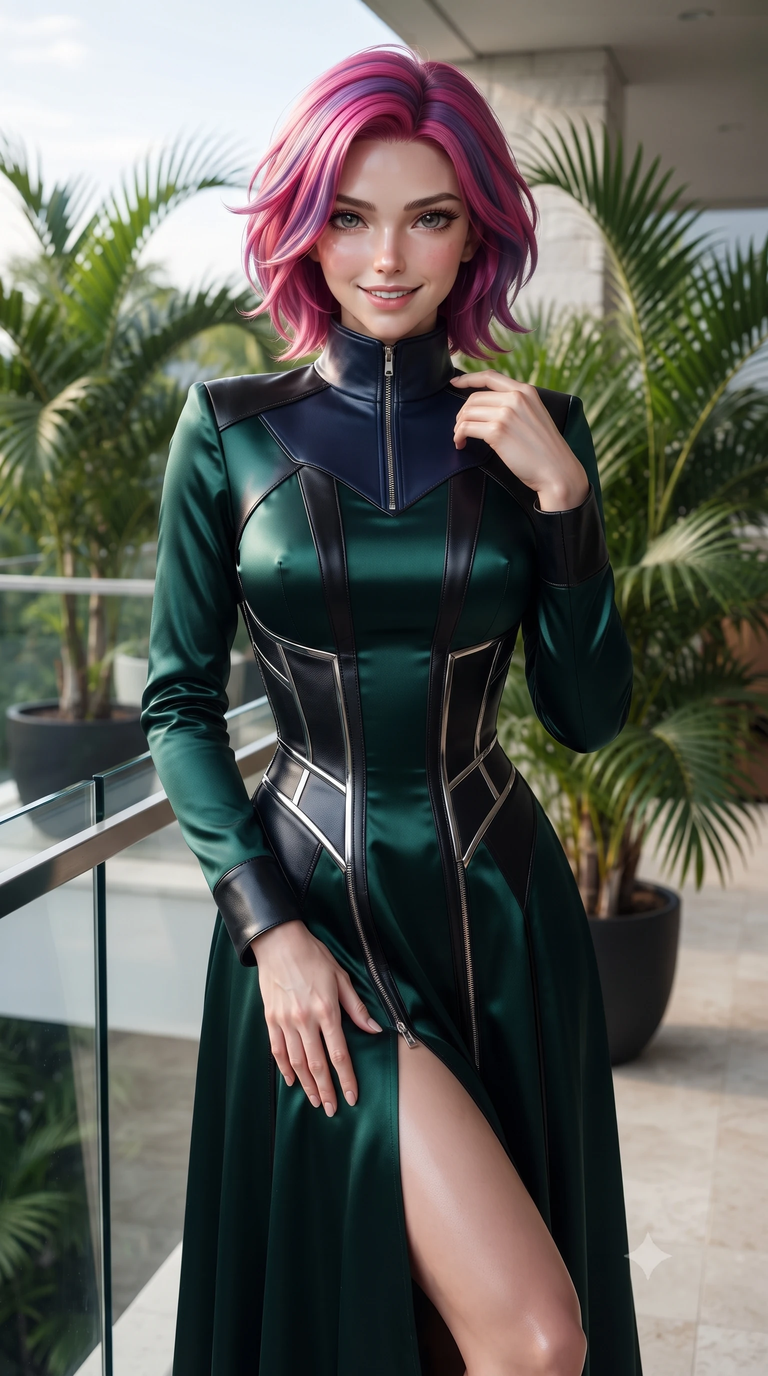 score_9, masterpiece, best quality, ultra-detailed, high-budget anime keyframe, editorial fashion photography, tasteful artistic composition, Caucasian woman. close-up cowboy shot from the waist and thighs up, the character dominates the composition, filling the frame with her large presence, background elements kept in soft focus. Smiling with quiet, magnetic self-assurance directly into the camera, standing beside a glass balustrade surrounded by potted lush tropical palms, sculpted athletic build contoured by a sleek activewear bodysuit. She has an exceptionally elegant, slender, and willowy female figure with an ultra-slim waist, a gracefully sculpted slender torso, and a refined silhouette. sharp v-shaped jawline, high-bridge nose, intricate jewel-like eyes with depth, thick eyelashes, glossy lips with a natural sheen. wearing long-sleeved dark emerald satin gown with high structured collar in midnight navy blue, made of polished black leather, finished with metallic silver boning and sleek zipper points, the fitted fabric emphasizing her ultra-slim waist. illuminated by clear natural daylight and warm fill light from white stone. ultra-reflective glossy finish, specular highlights, metallic sheen, high-contrast stereoscopic depth, volumetric dynamic lighting, 2k, ultra detail, master piece, 9:16 ratio