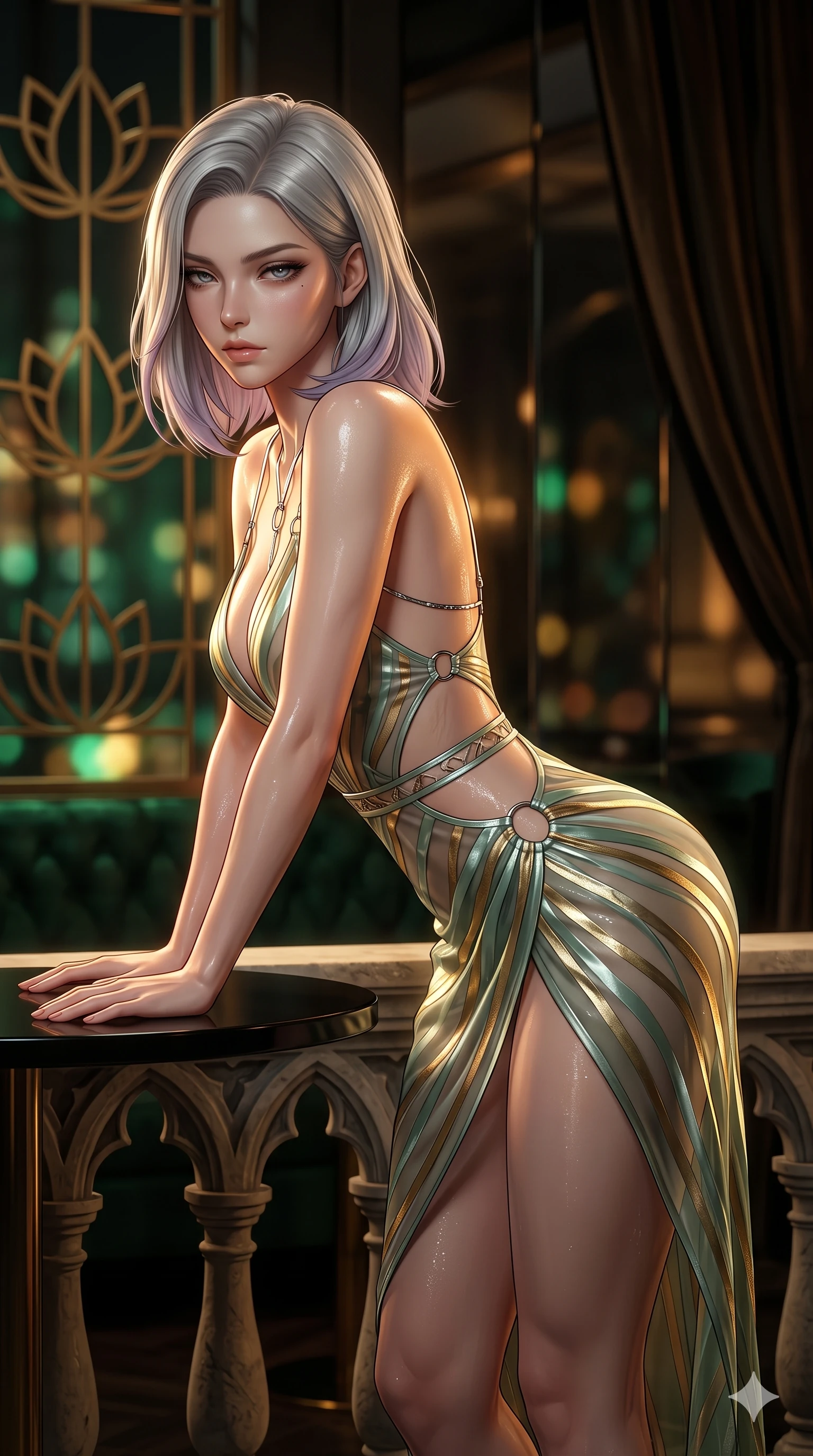 score_9, masterpiece, best quality, ultra-detailed, high-budget anime keyframe, semi-realistic 3D game render, editorial fashion photography, tasteful artistic composition, Caucasian woman. close-up cowboy shot from the waist and thighs up, the character dominates the composition, filling the frame with her large presence. leaning forward over the carved stone gothic balustrade, looking back with sleepy seductive bedroom-eyes as water reflections dance across her silhouette while leaning over the black obsidian cocktail table with hips cocked back, looking through geometric lotus screens with heavy-lidded seductive bedroom-eyes. The background shows a soft-focus geometric brass lotus window grilles, smoked obsidian mirror walls, and velvet drapes blurred into emerald, amber, and dark bronze bokeh. She has an exceptionally elegant, slender, and willowy female figure with an ultra-slim waist, flat toned midriff, narrow ribcage, and sculpted feminine hips creating an alluring, slim hourglass silhouette without bulk. sharp v-shaped jawline, high-bridge nose, intricate jewel-like sparkling eyes with depth, thick eyelashes, glossy parted lips with a natural sheen, intensely captivating and seductive bedroom-eyes expression, exuding both youthful cute charm and sovereign luxury allure, flawlessly proportioned anatomical accuracy, strict slender model proportions, natural body alignment, perfectly sculpted long slender limbs, ultra-slim waistline, clean dynamic posture without body distortion. wearing a plunge-front sheer illusion tulle slip dress with liquid platinum ribbon stripes hugging her curves in celadon jade and antique gold-leaf, adorned with delicate chrome ring hardware and cutouts along her slender waist, accented with a chrome-drop body harness subtly framing her dewy collarbones and spine, the high-slit wrap tailoring accentuating her ultra-slim waistline and the enchanting curve of her feminine hips with alluring seductive charm. bathed in low-key, high-contrast chiaroscuro lighting with narrow amber and gold spotlights on the table. highly saturated vibrant anime colors, detailed shading with soft gradients, rich glossy textures, high-contrast stereoscopic depth, volumetric dynamic lighting, master piece, 9:16 ratio