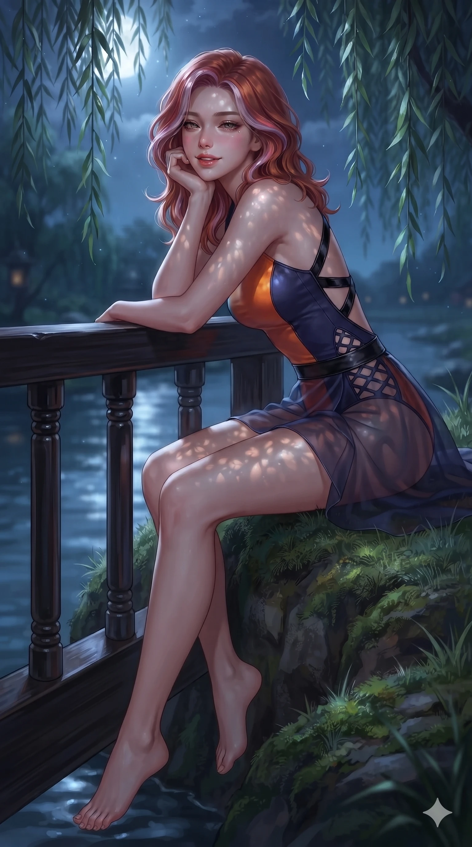 score_9, masterpiece, best quality, ultra-detailed, high-budget anime keyframe, editorial fashion photography, tasteful artistic composition, Caucasian woman. close-up cowboy shot from the waist and thighs up, the character dominates the composition, filling the frame with her large presence. resting one elbow on the lacquered balustrade and supporting her chin, leaning close to the camera with heavy-lidded sparkling eyes and parted lips while sitting perched on the grassy mossy bank with legs dangling gracefully toward the water, flashing a radiant yet seductive half-smile. The background shows a soft-focus secluded riverbank landscape softened in romantic moonlight shallow focus. She has an exceptionally elegant, slender, and willowy female figure with an ultra-slim waist, flat toned midriff, narrow ribcage, and sculpted feminine hips creating an alluring, slim hourglass silhouette without bulk. sharp v-shaped jawline, high-bridge nose, sparkling eyes with hypnotic seductive depth, thick curled eyelashes, glossy parted lips with a natural dewy peach sheen, alluring bedroom-eyes with an enchanting coquettish smile, exuding magnetic siren charisma and sophisticated glamour, flawlessly proportioned anatomical accuracy, strict slender model proportions, natural body alignment, perfectly sculpted long slender limbs, ultra-slim waistline, clean dynamic posture without body distortion. wearing a provocative sheer nobang organza wrap overskirt layered over a form-fitting silk leotard with bare hip flanks in sunset tangerine orange and deep navy indigo, adorned with laser-cut diamond side panels revealing teasing glimpses of bare skin, featuring an open-back criss-cross harness strap in patent black leather, the form-fitting cut adhering flawlessly to her sculpted flat midriff and slender torso, emphasizing her long leg lines and perfectly proportioned willowy build. bathed in ethereal silver moonlight filtering through weeping willow leaves creating intricate dappled shadow patterns. ultra-reflective glossy finish, specular highlights, rich textural contrasts, high-contrast stereoscopic depth, volumetric dynamic lighting, 2k, ultra detail, master piece, 9:16 ratio