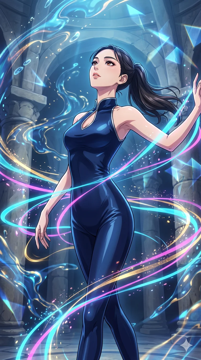 score_9, masterpiece, best quality, ultra-detailed, High-budget Anime Keyframe, vibrant colors, fluid line-art, expressive lighting, cinematic composition, Ufotable-style visual effects, top-tier animation quality, Korean woman with idol-like refined features. Low angle cowboy shot filling the entire 9:16 frame with her statuesque presence, looking up to emphasize her height. Dancing amidst a storm of glowing ribbons that trail behind her every movement. She has an absolutely perfect 8-heads proportion, an exceptionally tall and slender female figure with impossibly long slender legs and an ultra-slim waist, her statuesque height and towering silhouette dominating the vertical 9:16 frame. Her face is a masterpiece featuring a sharp v-shaped jawline, high-bridge nose, intricate jewel-like eyes with depth, thick eyelashes, and glossy lips with a natural sheen. She is wearing a Sleek liquid-silk jumpsuit that clings to her frame, with a high collar and a small strategic teardrop cutout. The scene is set in a chamber of echoes where every sound creates beautiful liquid patterns in the air. 2k, ultra detail, master piece, 9:16 ratio