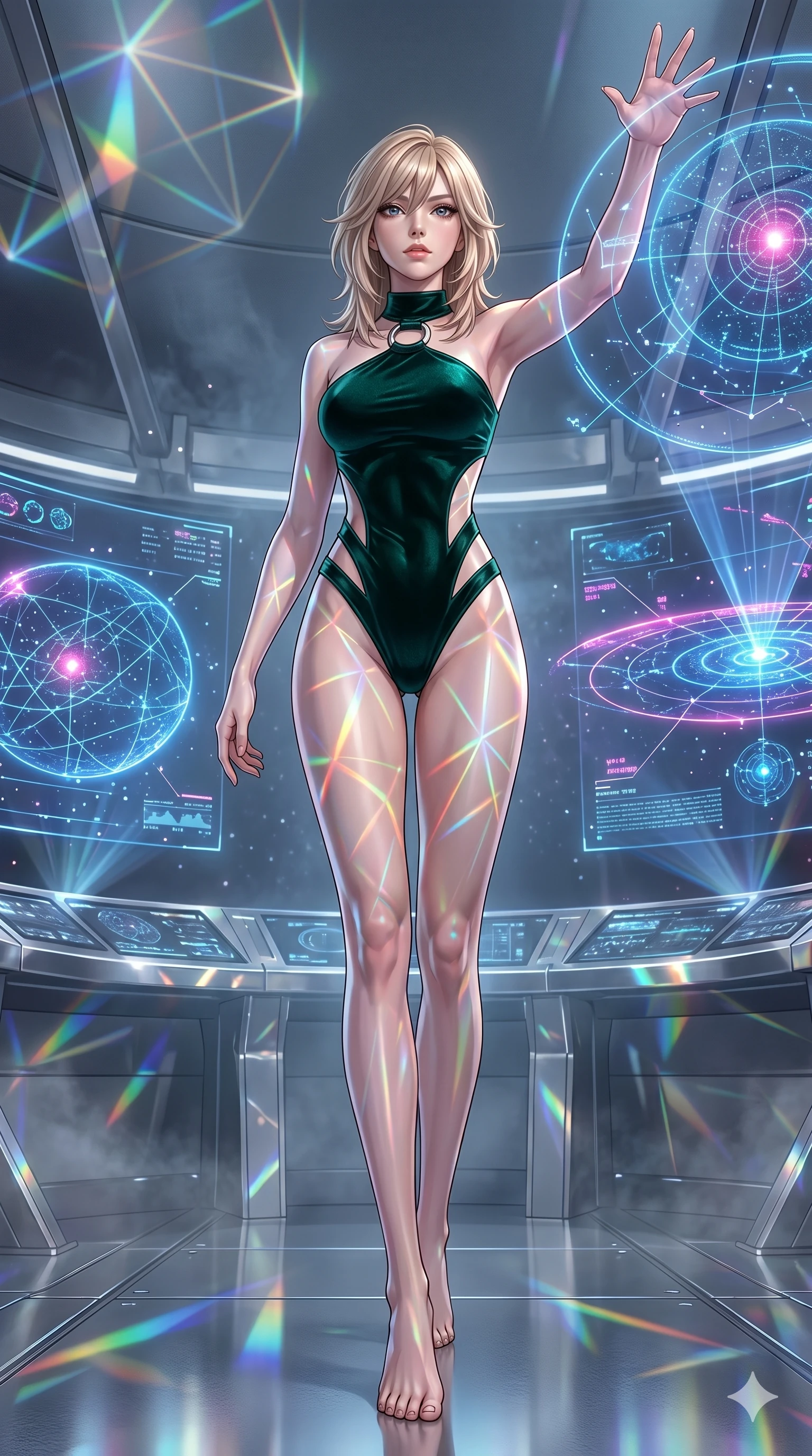 score_9, masterpiece, best quality, ultra-detailed, high-budget anime keyframe, editorial fashion photography, tasteful artistic composition, Japanese woman. low angle full-body shot from head to toe showing her feet, filling the entire 9:16 vertical frame with her statuesque presence, stretching her vertical silhouette. Lunging powerfully forward with one arm raised to command the elements around her inside a starship bridge where giant holographic starmaps cast blue and magenta light, as delicate light reflections play along the metallic surfaces. She has an absolutely perfect 8-heads proportion, an exceptionally tall and slender female figure with impossibly long slender legs and an ultra-slim waist. V-shaped jawline, high-bridge nose, intricate jewel-like eyes with depth, thick eyelashes, glossy lips with a natural sheen. wearing an asymmetric dark-emerald velvet bodysuit with a structured silver ring collar and diagonal side cutouts. lit by mirror-reflected prismatic spotlights, creating geometric light patterns across her body. 2k, ultra detail, master piece, 9:16 ratio